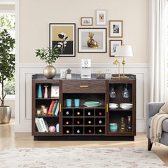 HAOYYE Double Glass Door Sideboard with Single Drawer and 12-Bottle Wine Rack, Elegant Black Frame with Gray-Brown Interior Panels, Durable Particle Board and Glass Construction, Stylish Storage Cabinet for Dining Room or Living Room