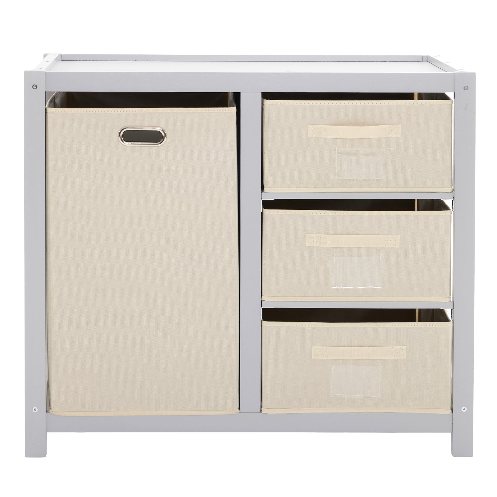 HAOYYE Wooden Frame Removable Top Gray Painted Pine Cot with 3 Fabric Drawers and 1 Fabric Bag