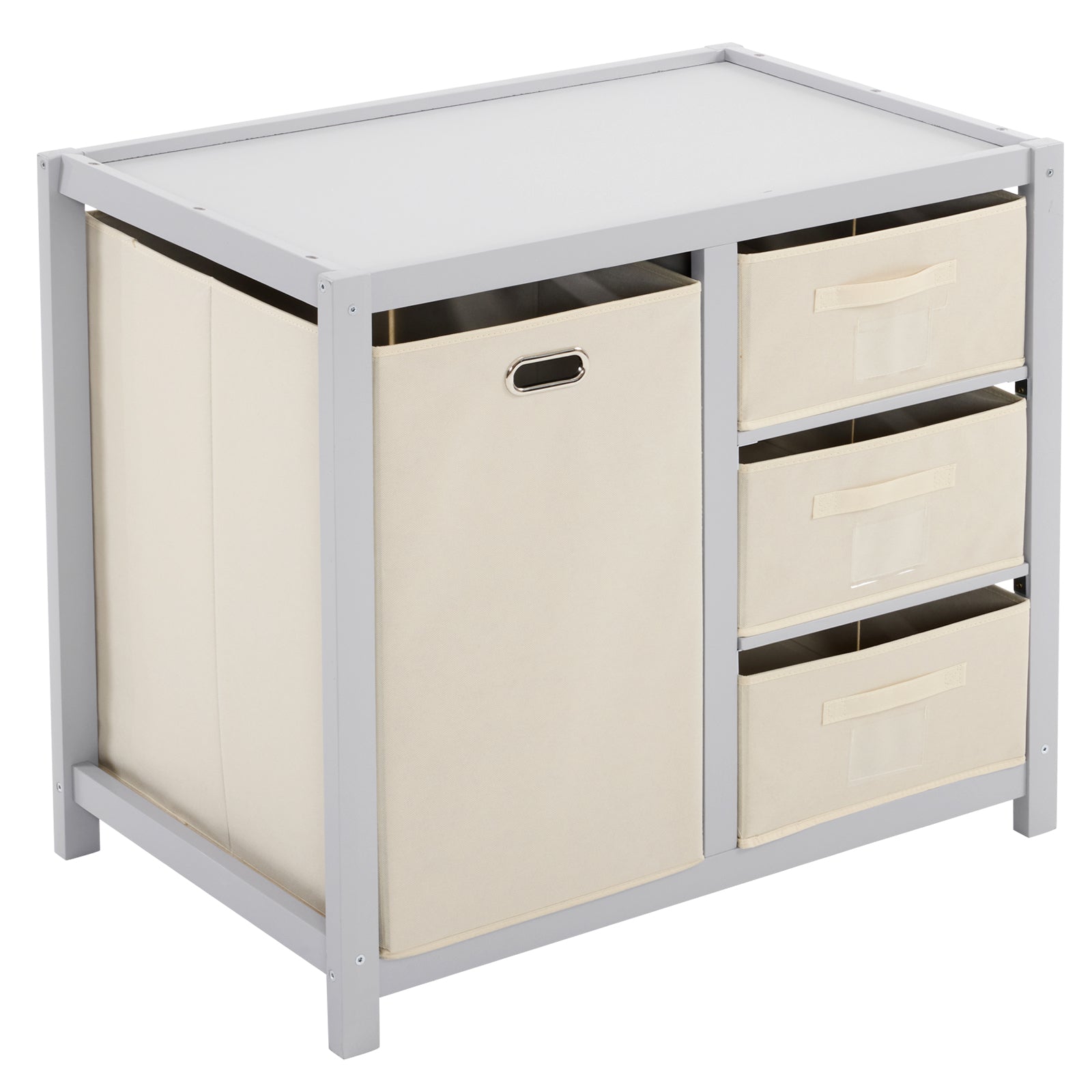 HAOYYE Wooden Frame Removable Top Gray Painted Pine Cot with 3 Fabric Drawers and 1 Fabric Bag