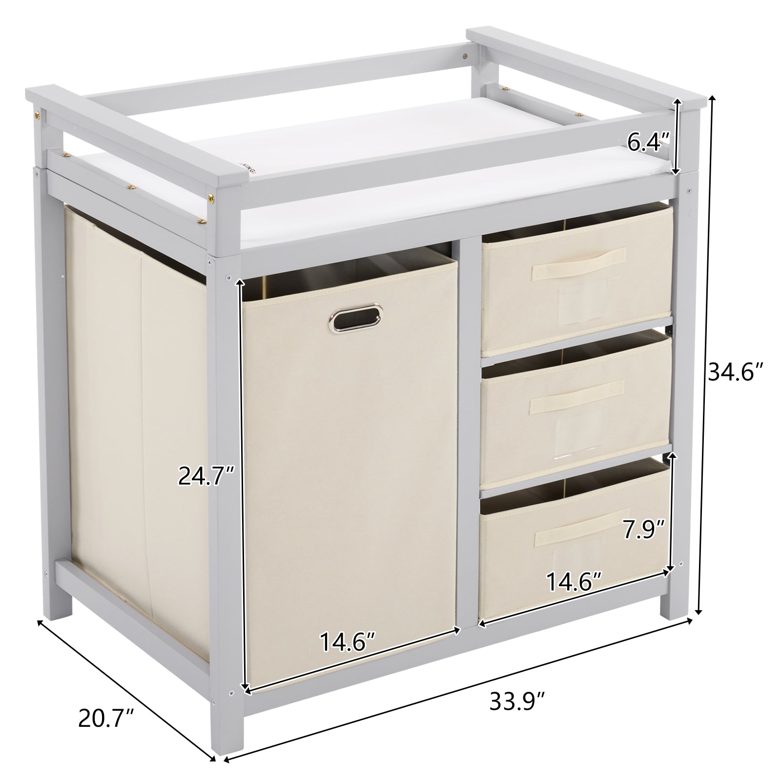HAOYYE Wooden Frame Removable Top Gray Painted Pine Cot with 3 Fabric Drawers and 1 Fabric Bag