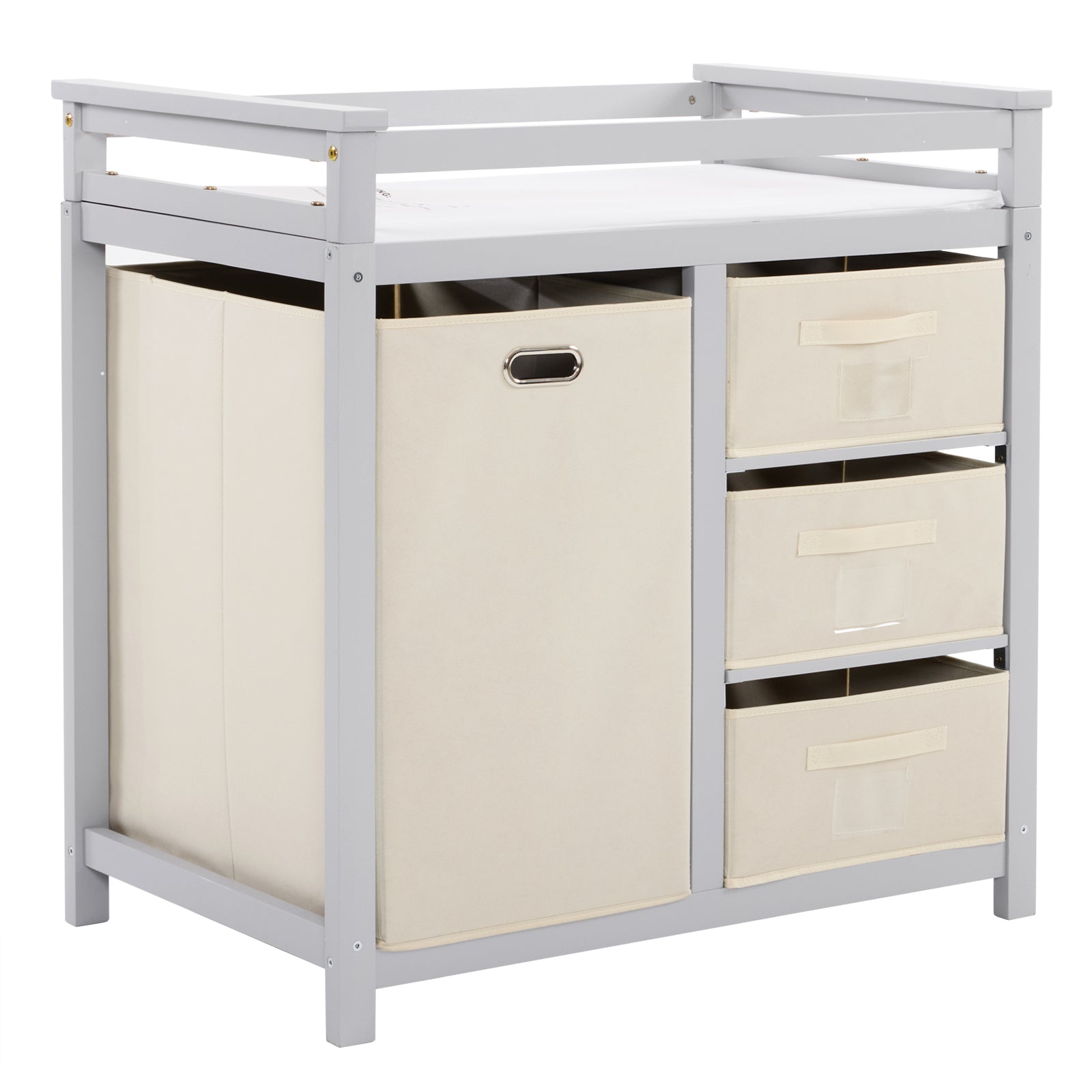 HAOYYE Wooden Frame Removable Top Gray Painted Pine Cot with 3 Fabric Drawers and 1 Fabric Bag