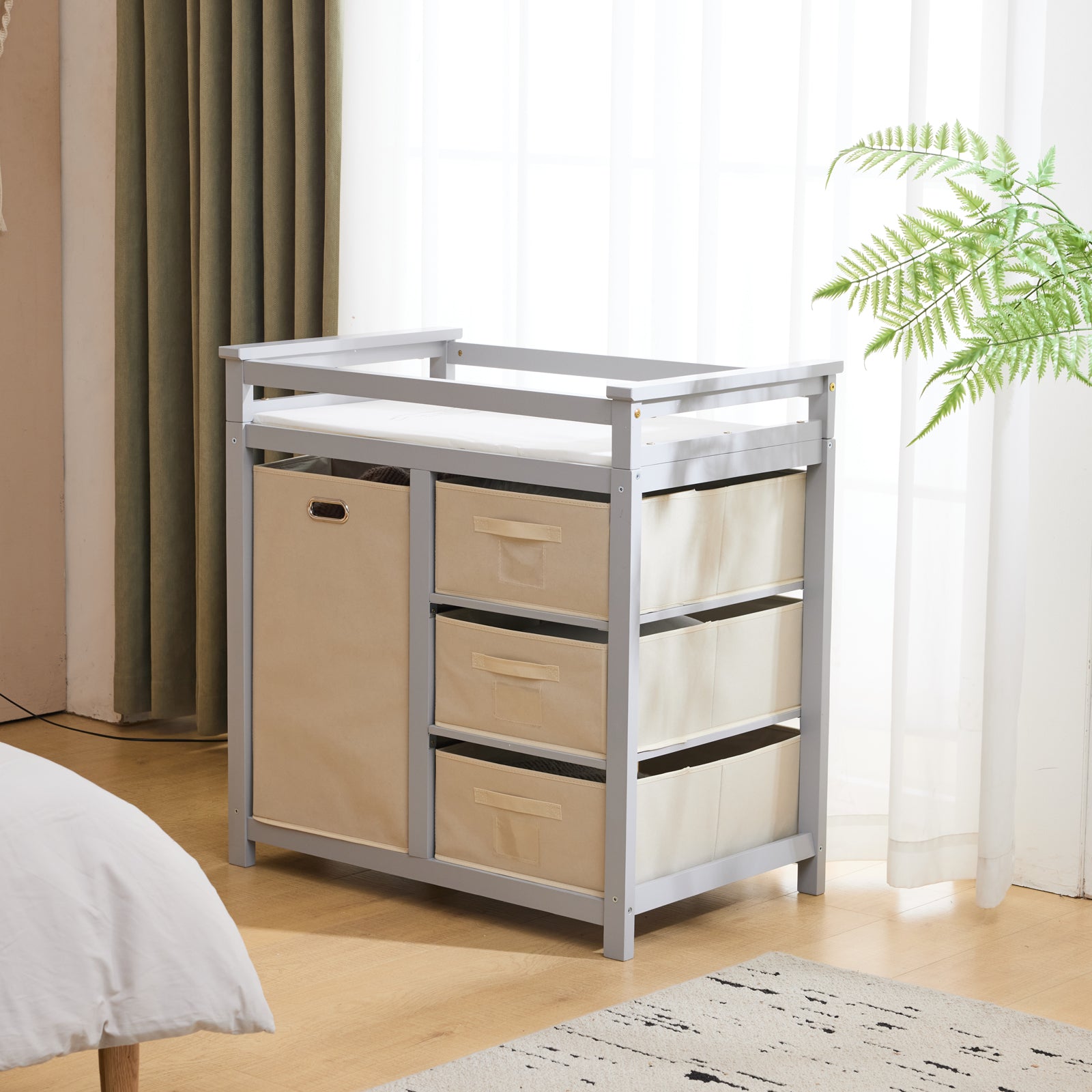 HAOYYE Wooden Frame Removable Top Gray Painted Pine Cot with 3 Fabric Drawers and 1 Fabric Bag