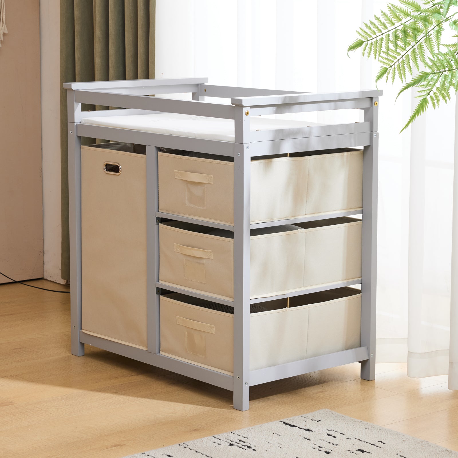 HAOYYE Wooden Frame Removable Top Gray Painted Pine Cot with 3 Fabric Drawers and 1 Fabric Bag