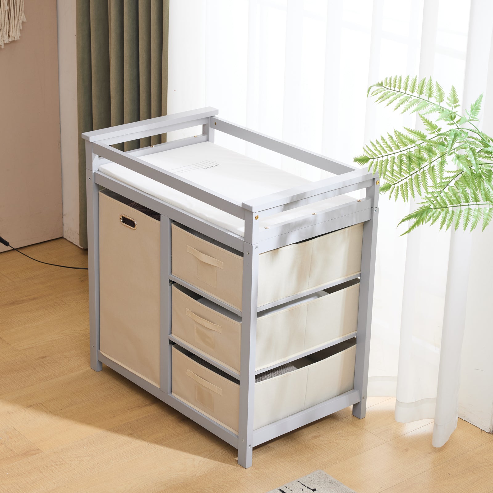 HAOYYE Wooden Frame Removable Top Gray Painted Pine Cot with 3 Fabric Drawers and 1 Fabric Bag