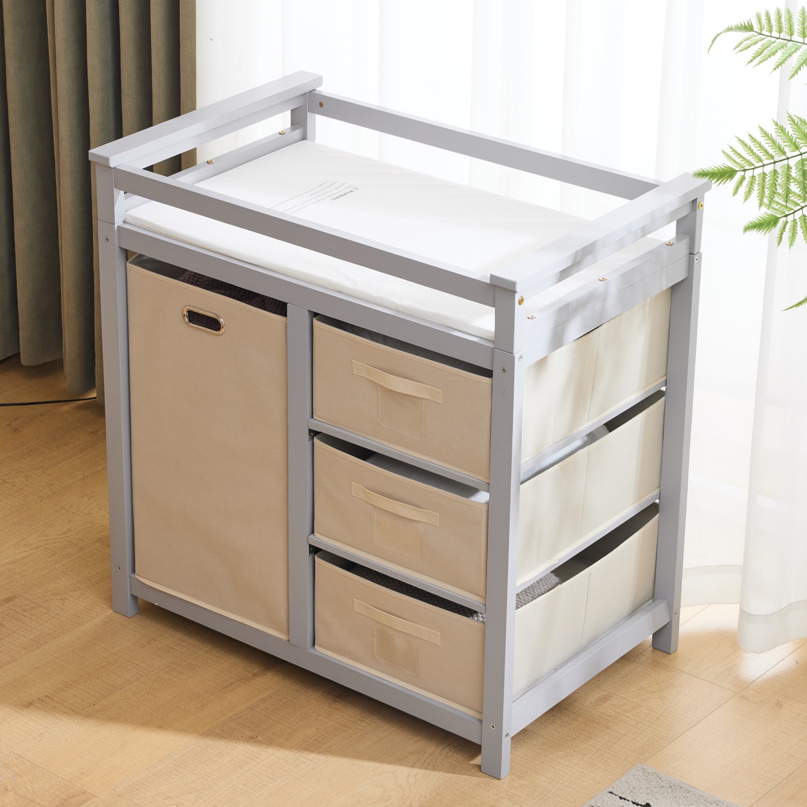 HAOYYE Wooden Frame Removable Top Gray Painted Pine Cot with 3 Fabric Drawers and 1 Fabric Bag