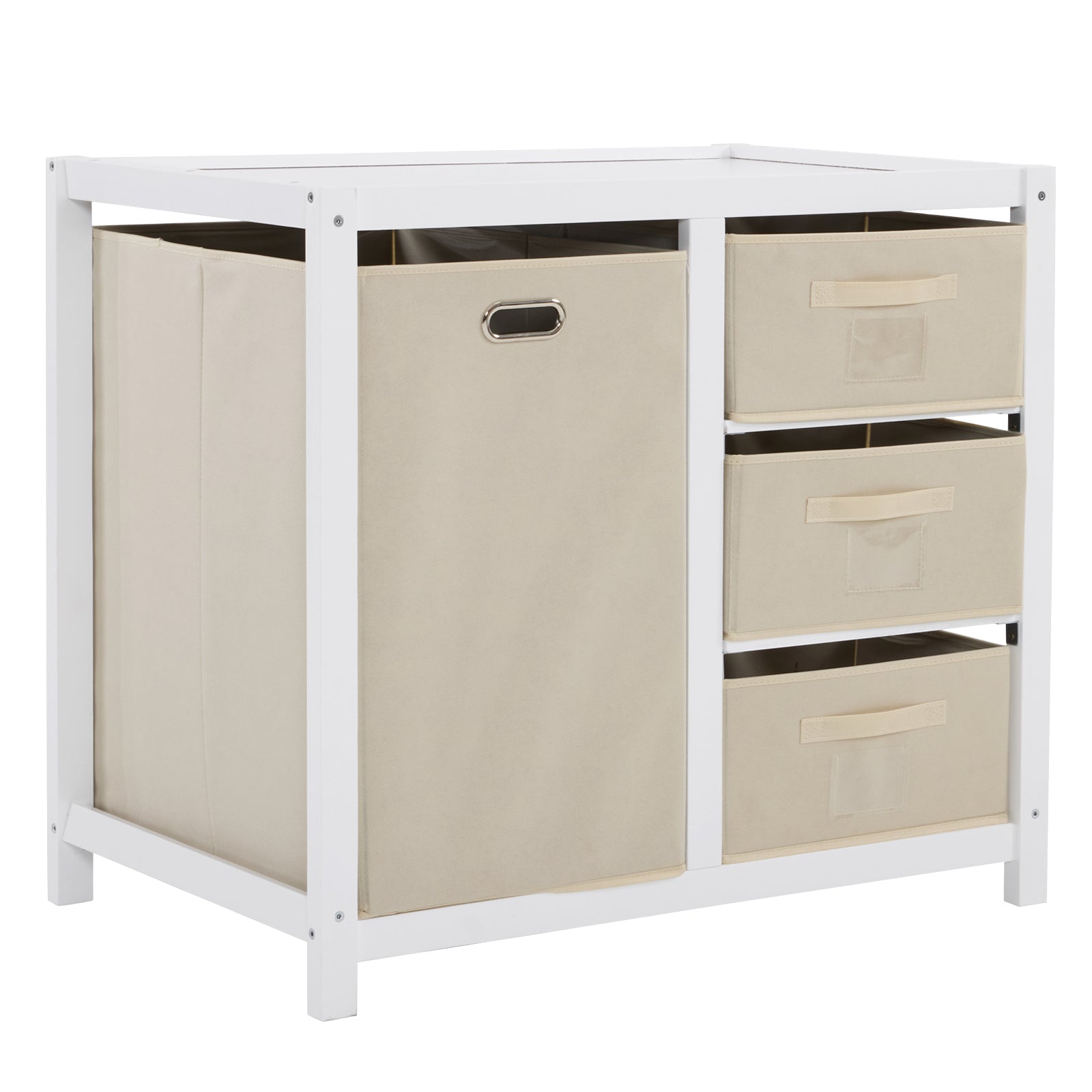 HAOYYE White Painted Pine Storage Cabinet with Wooden Frame Removable Top 3 Fabric Drawers and Side Fabric Bag Modern Multipurpose Organizer for Bedroom Entryway or Living Room