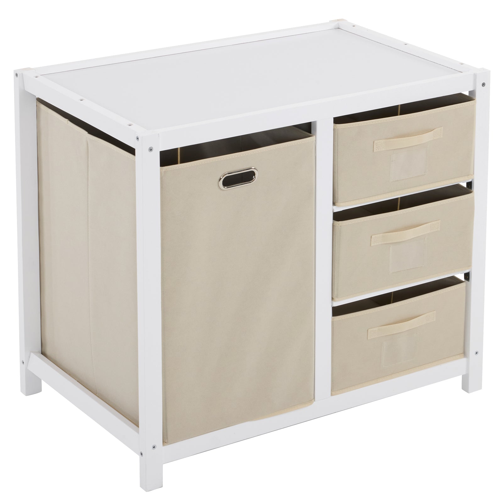 HAOYYE White Painted Pine Storage Cabinet with Wooden Frame Removable Top 3 Fabric Drawers and Side Fabric Bag Modern Multipurpose Organizer for Bedroom Entryway or Living Room