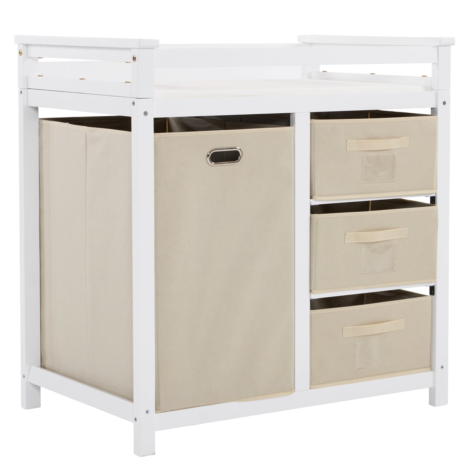 HAOYYE White Painted Pine Storage Cabinet with Wooden Frame Removable Top 3 Fabric Drawers and Side Fabric Bag Modern Multipurpose Organizer for Bedroom Entryway or Living Room