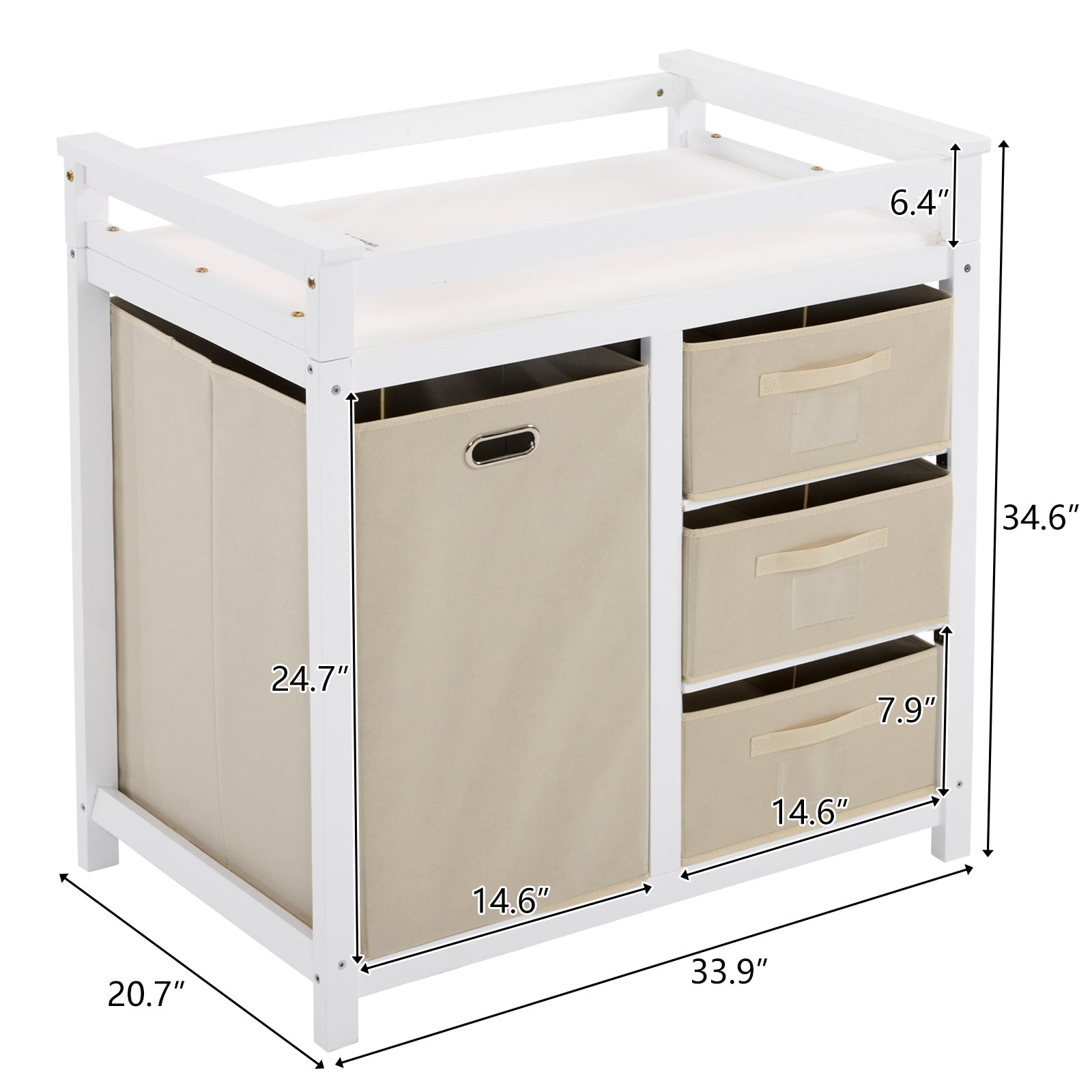 HAOYYE White Painted Pine Storage Cabinet with Wooden Frame Removable Top 3 Fabric Drawers and Side Fabric Bag Modern Multipurpose Organizer for Bedroom Entryway or Living Room