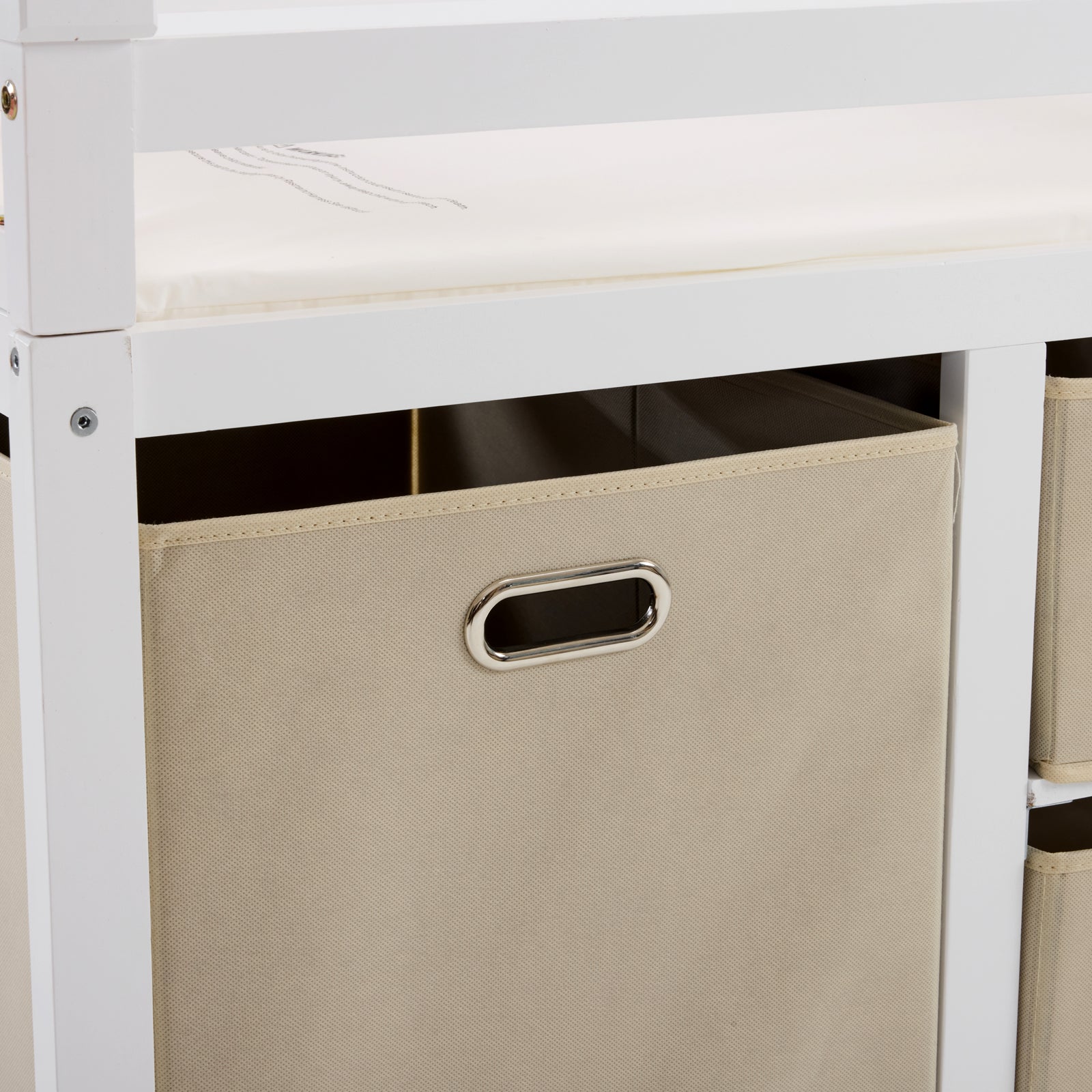 HAOYYE White Painted Pine Storage Cabinet with Wooden Frame Removable Top 3 Fabric Drawers and Side Fabric Bag Modern Multipurpose Organizer for Bedroom Entryway or Living Room