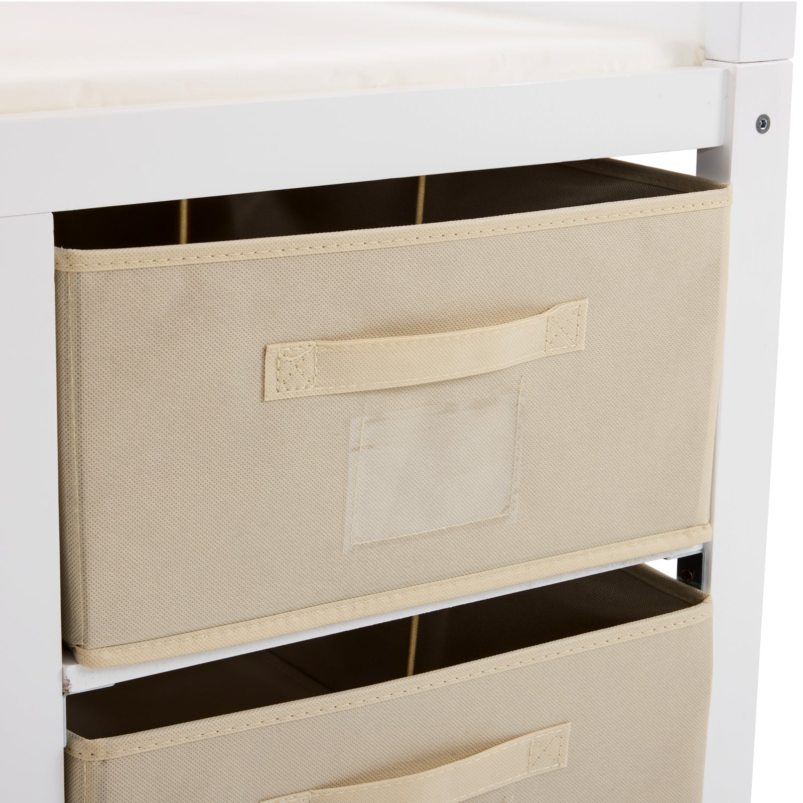 HAOYYE White Painted Pine Storage Cabinet with Wooden Frame Removable Top 3 Fabric Drawers and Side Fabric Bag Modern Multipurpose Organizer for Bedroom Entryway or Living Room