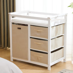 HAOYYE White Painted Pine Storage Cabinet with Wooden Frame Removable Top 3 Fabric Drawers and Side Fabric Bag Modern Multipurpose Organizer for Bedroom Entryway or Living Room