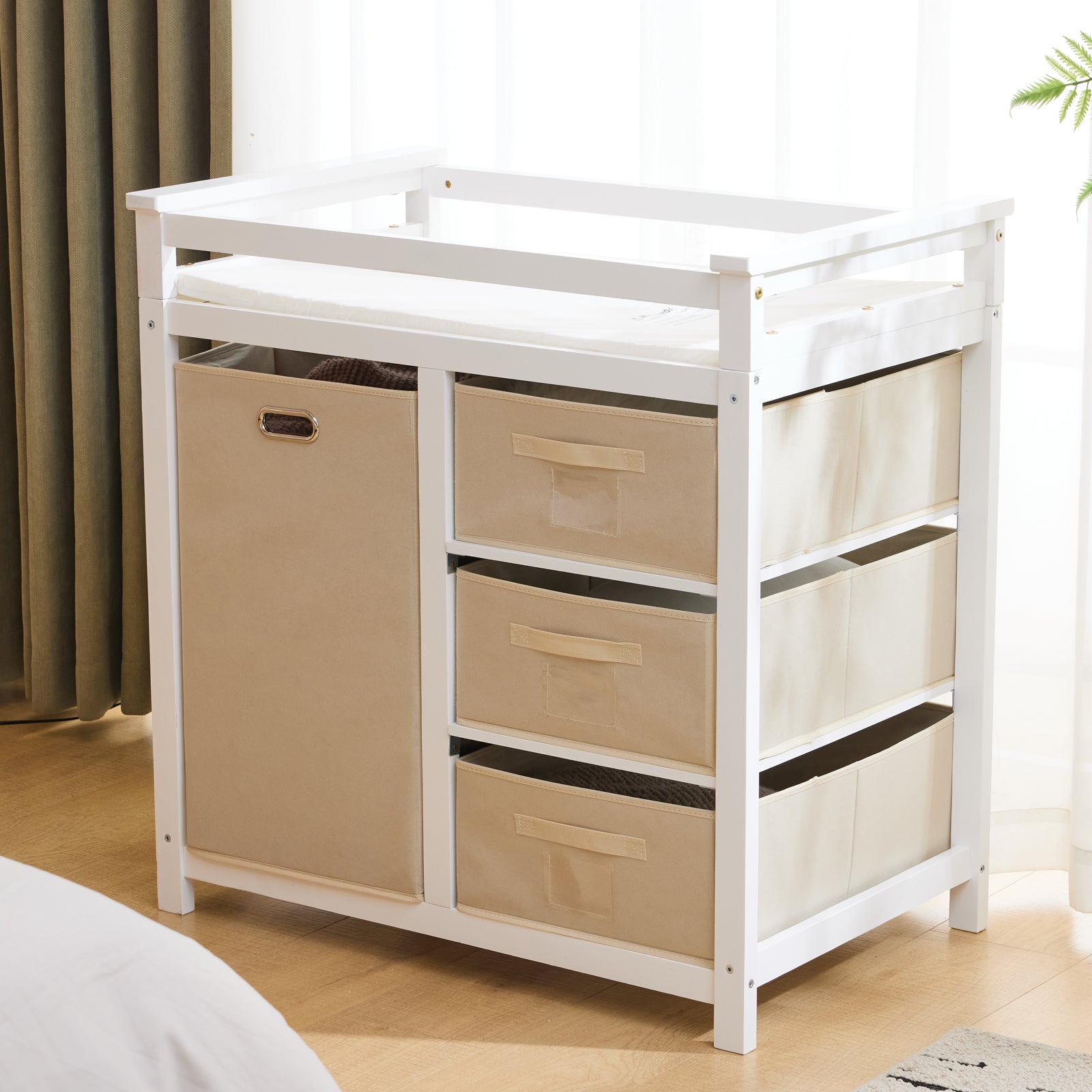 HAOYYE White Painted Pine Storage Cabinet with Wooden Frame Removable Top 3 Fabric Drawers and Side Fabric Bag Modern Multipurpose Organizer for Bedroom Entryway or Living Room