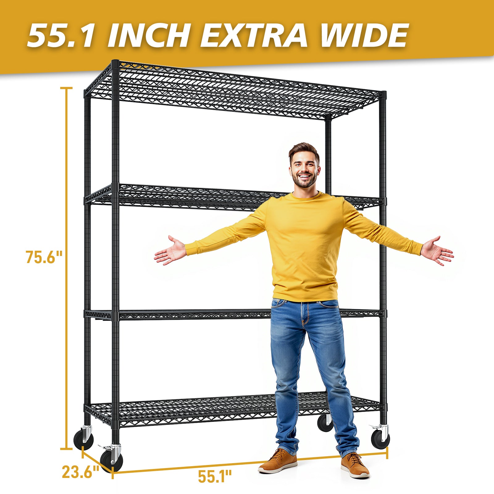 HAOYYE Heavy Duty Metal Shelving Unit With Wheels, Adjustable Storage Rack for Garage Or Pantry, NSF Certified Commercial Storage Shelf, High-Load Capacity, Sturdy Wire Shelving