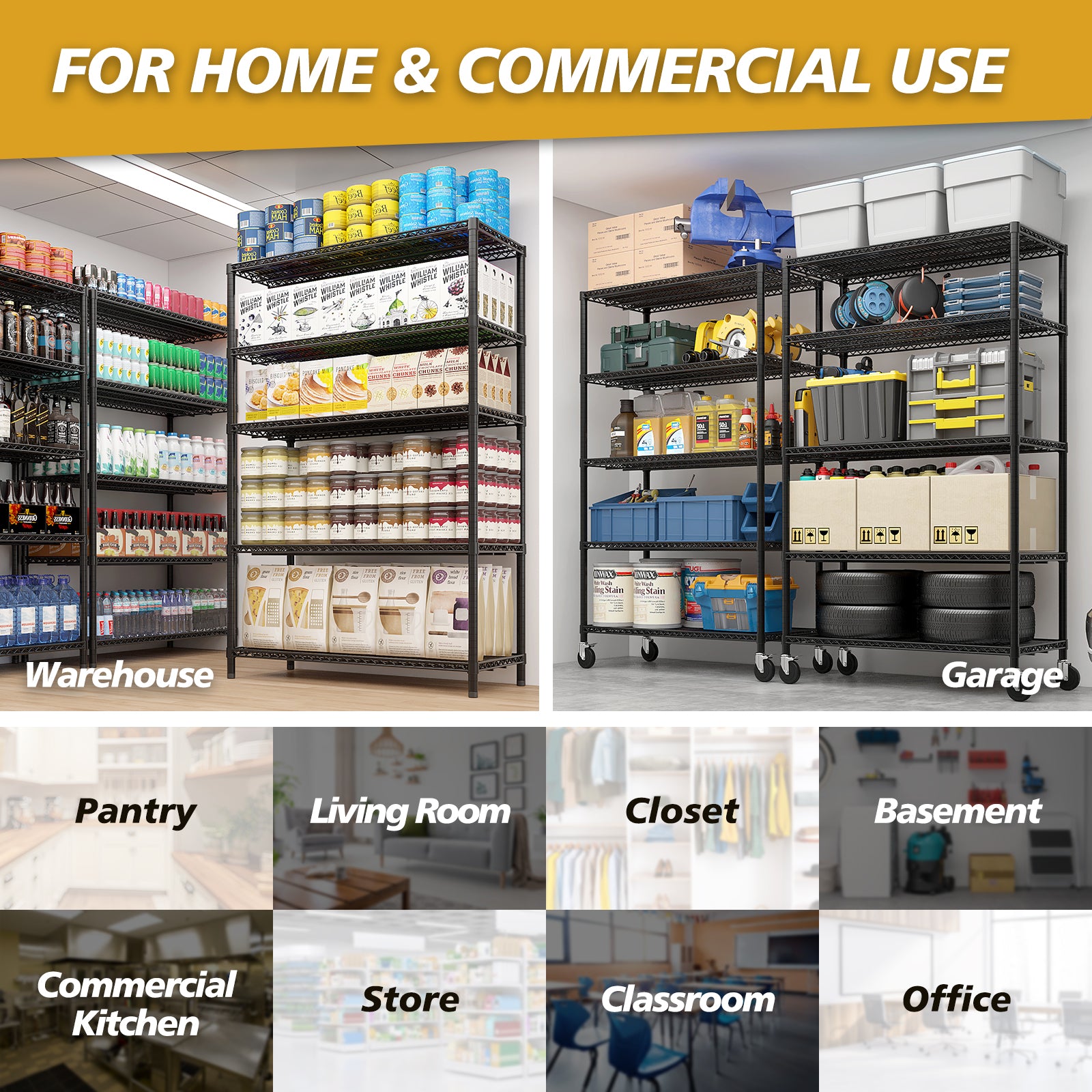 HAOYYE Heavy Duty Storage Shelves With Wheels, Adjustable Wire Shelving Unit For Garage, Pantry, And Commercial Storage, NSF Certified, Sturdy 3200lbs Capacity Metal Storage Rack