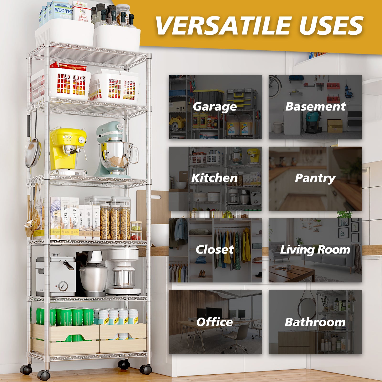 HAOYYE Heavy Duty Storage Shelves With Wheels, Adjustable Wire Shelving Unit For Garage And Pantry Storage, Sturdy 1020lbs Capacity, NSF Certified Metal Storage Rack