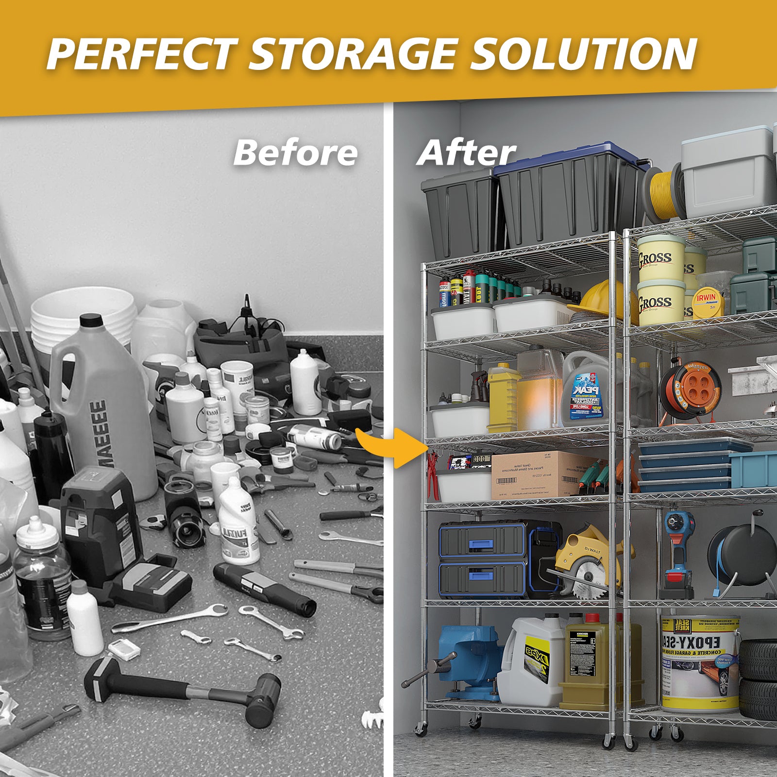 HAOYYE Heavy Duty Storage Shelves With Wheels, Adjustable Wire Shelving Unit For Garage, Pantry, And Commercial Use, Sturdy 1200lbs Capacity, NSF Certified Metal Storage Rack