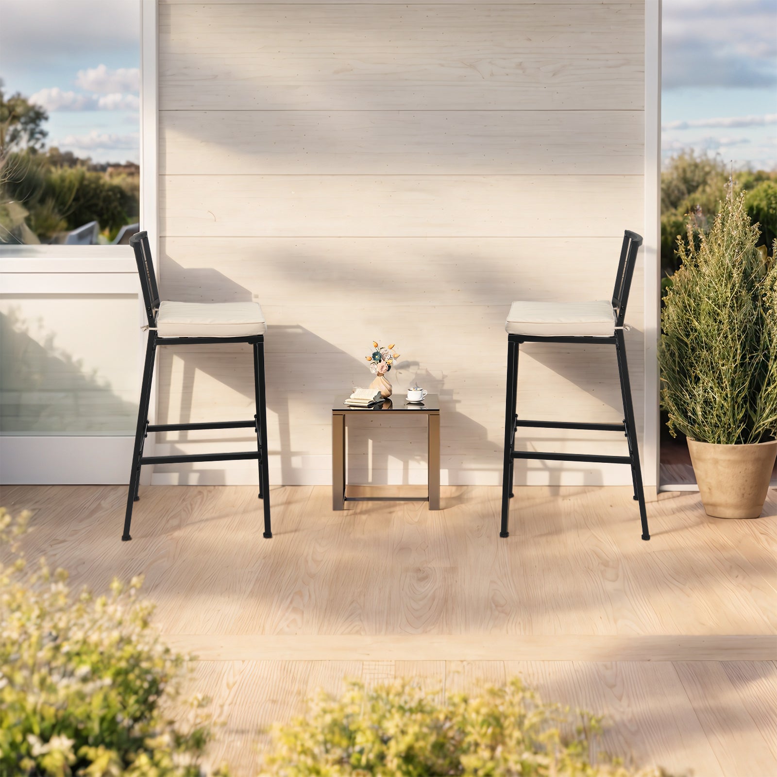 HAOYYE 2PCS Patio Bar Chairs Set of 2 Heavy Duty Metal Frame Barstools with Removable Cushions All Weather Resistant Outdoor Indoor High Back Bar Chairs for Kitchen Balcony Garden