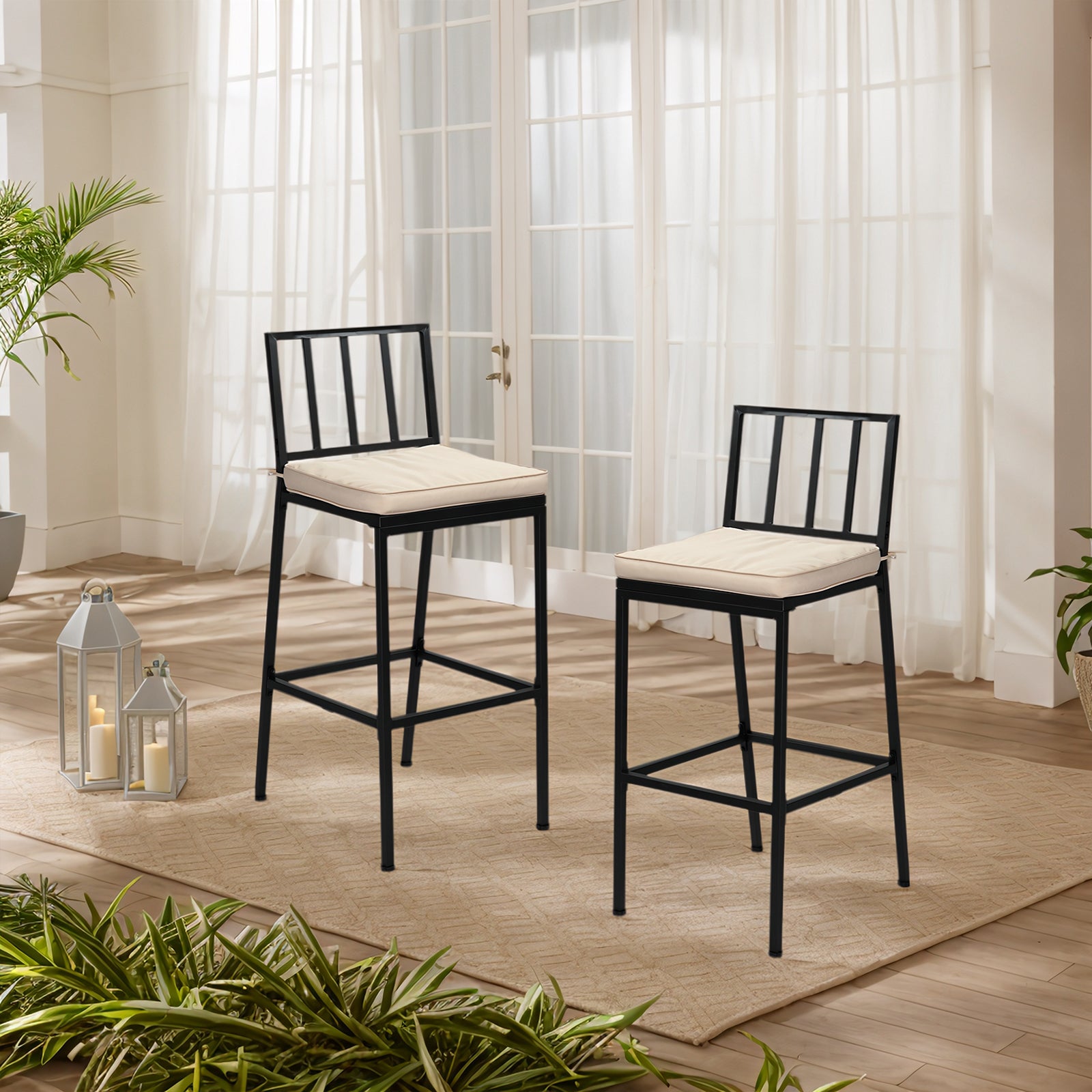 HAOYYE 2PCS Patio Bar Chairs Set of 2 Heavy Duty Metal Frame Barstools with Removable Cushions All Weather Resistant Outdoor Indoor High Back Bar Chairs for Kitchen Balcony Garden