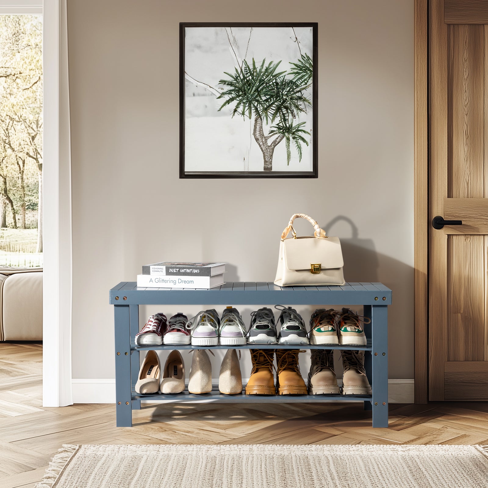 Haoyye 3-Tier Seamless Top Bamboo Shoe Rack, Eco-Friendly and Durable Storage Solution, Compact Design Perfect for Entryways, Closets, and Apartments, Elegant Black Finish for a Modern Look