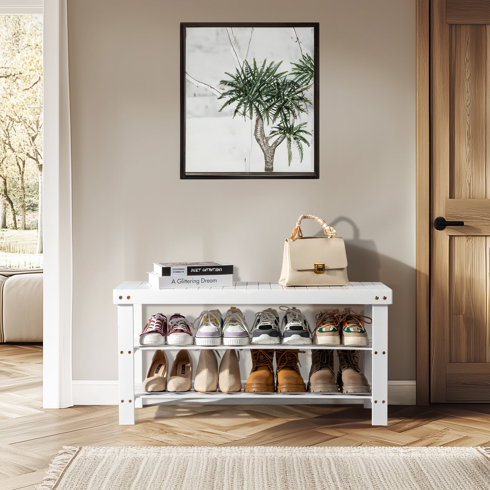 Haoyye 3-Tier Seamless Top Bamboo Shoe Rack, Eco-Friendly and Durable Storage Solution, Compact Design Perfect for Entryways, Closets, and Apartments, Elegant Black Finish for a Modern Look