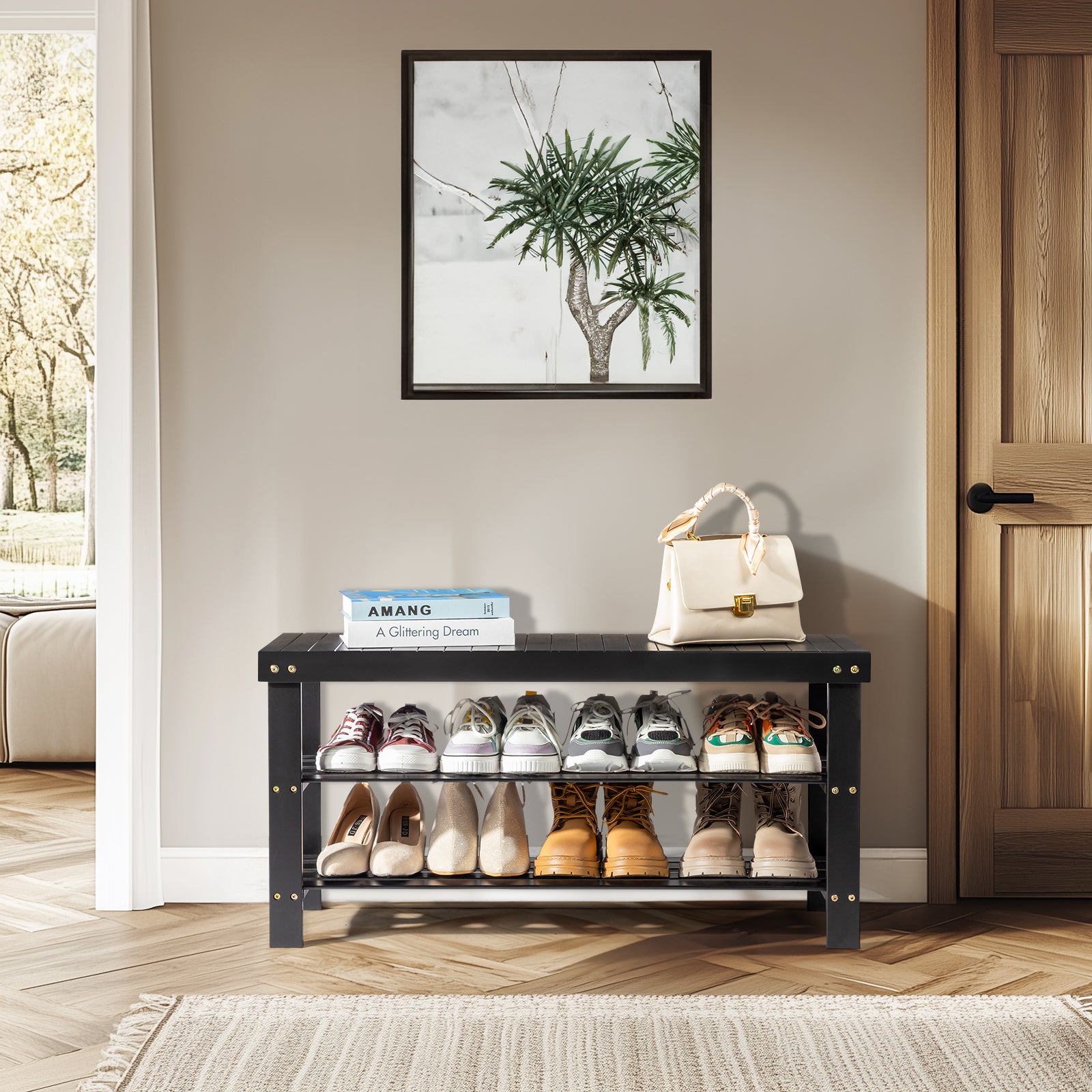 Haoyye 3-Tier Seamless Top Bamboo Shoe Rack, Eco-Friendly and Durable Storage Solution, Compact Design Perfect for Entryways, Closets, and Apartments, Elegant Black Finish for a Modern Look