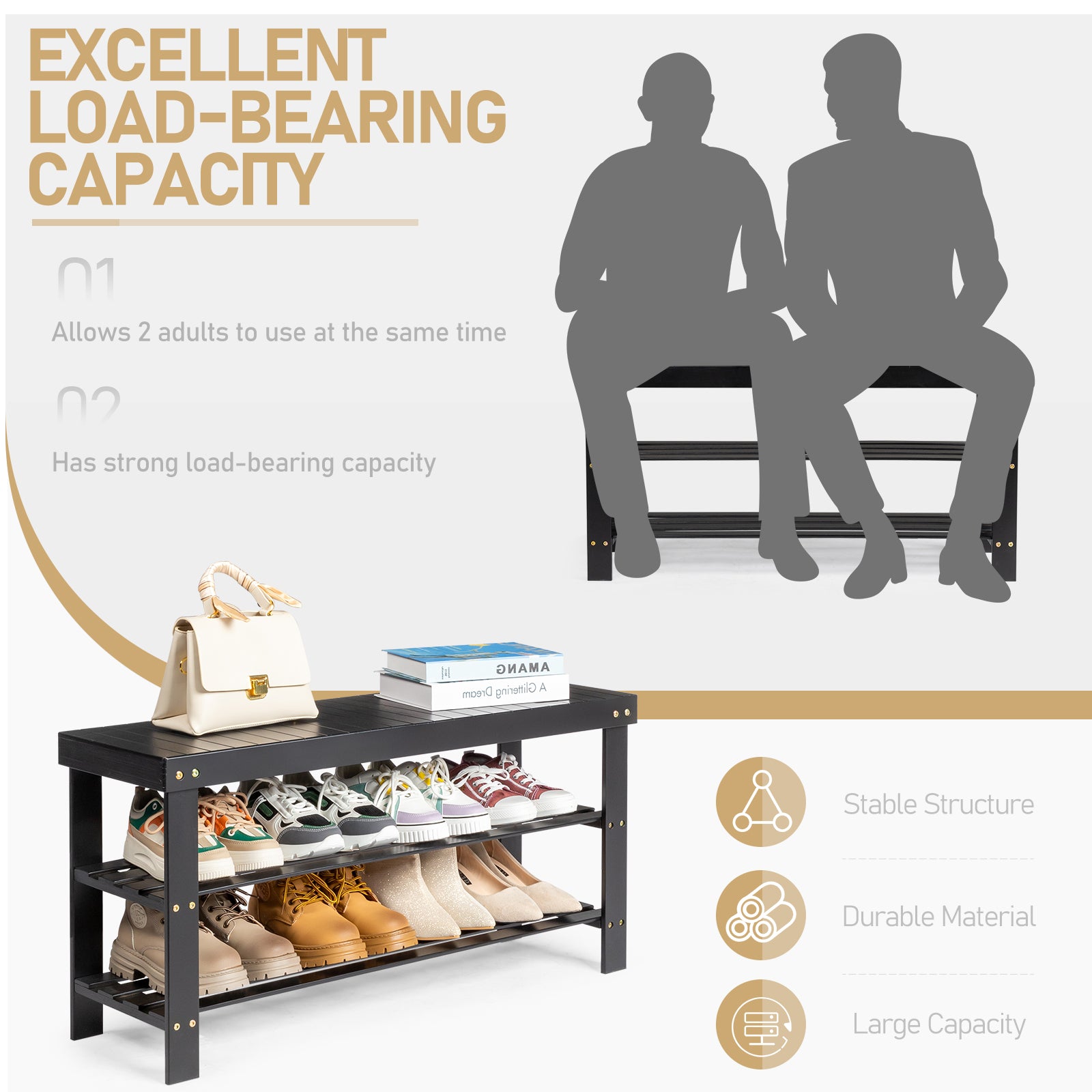 Haoyye 3-Tier Seamless Top Bamboo Shoe Rack, Eco-Friendly and Durable Storage Solution, Compact Design Perfect for Entryways, Closets, and Apartments, Elegant Black Finish for a Modern Look