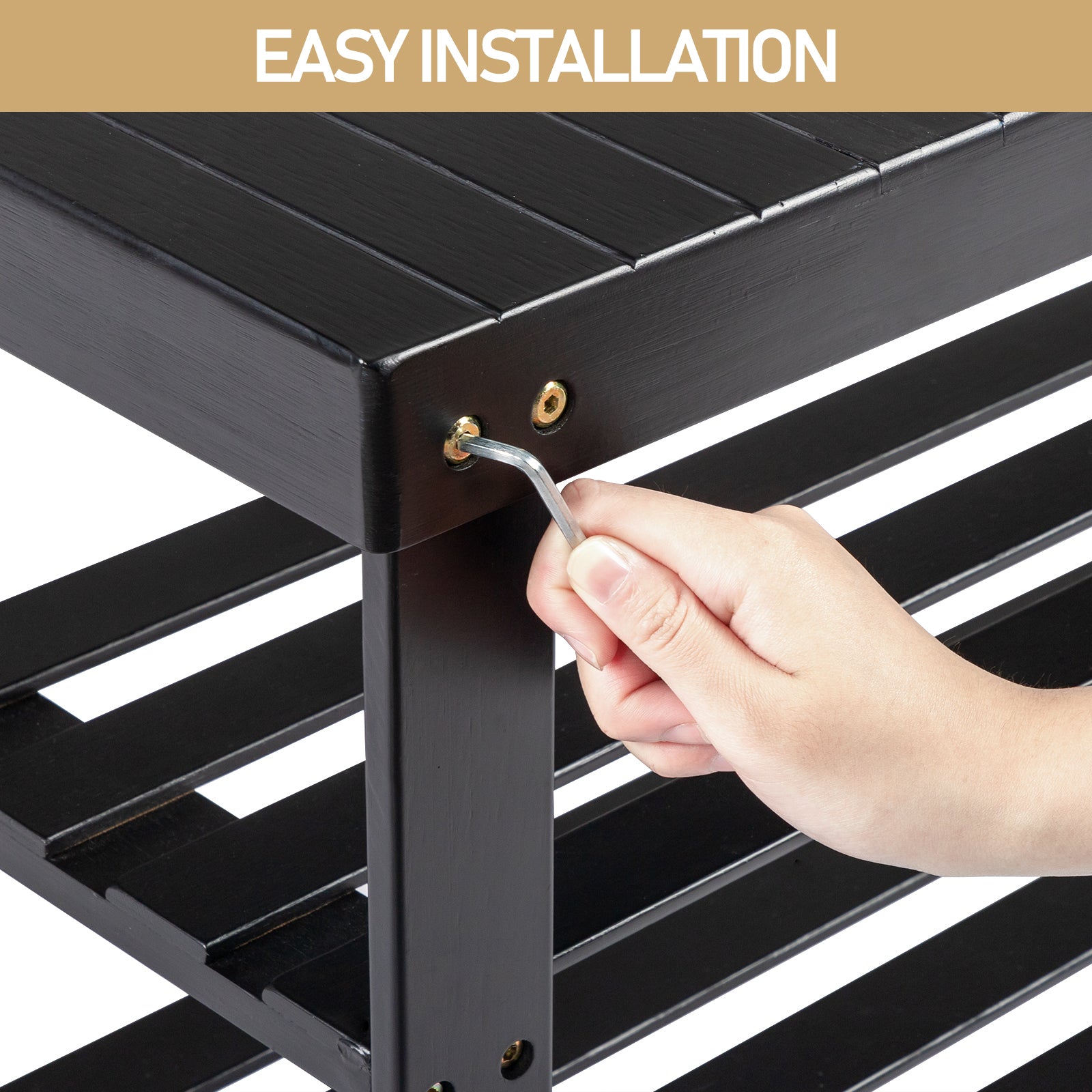 Haoyye 3-Tier Seamless Top Bamboo Shoe Rack, Eco-Friendly and Durable Storage Solution, Compact Design Perfect for Entryways, Closets, and Apartments, Elegant Black Finish for a Modern Look