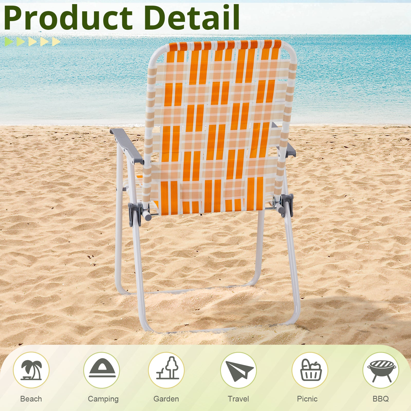Set of 2 Webbed Folding Beach Chairs, Outdoor Patio Lawn Foldable Chairs for Camping Fishing Yard Poolside BBQ, Orange & White