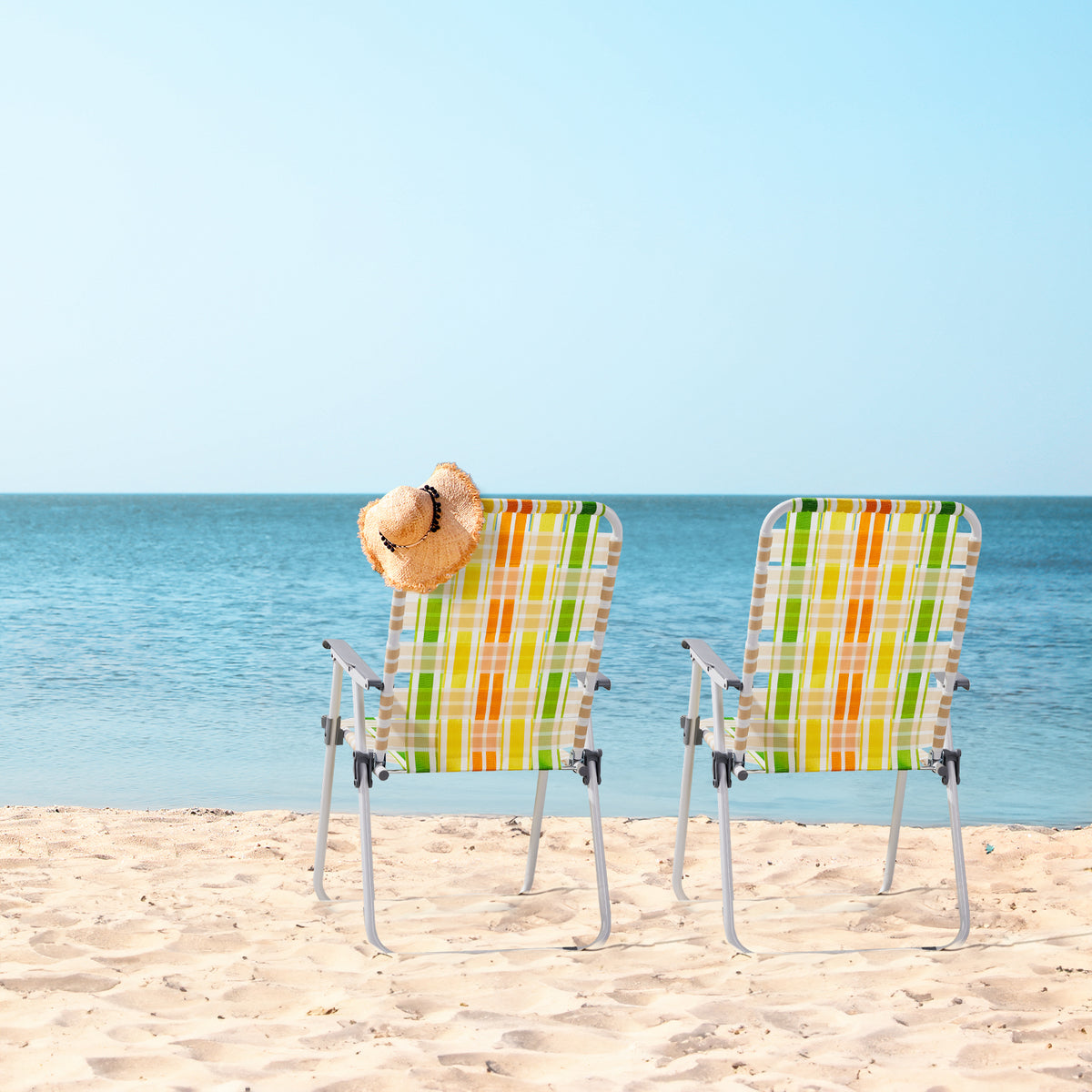 Haoyye Set of 2 Webbed Folding Beach Chairs, Portable and Lightweight Outdoor Lawn Chairs for Camping, Fishing, BBQ, and Poolside, Durable Yellow and Green Design for Comfortable Relaxation