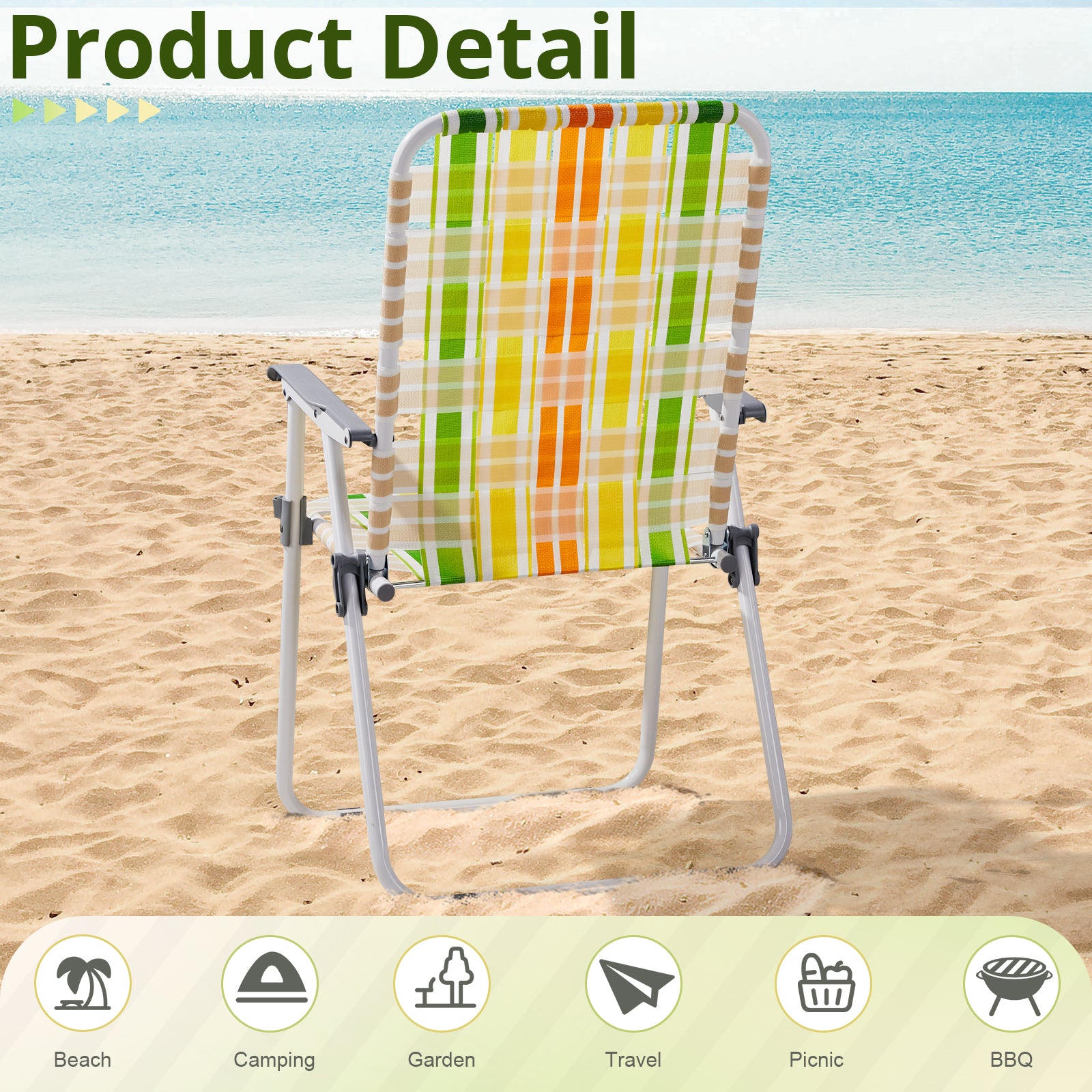 Haoyye Set of 2 Webbed Folding Beach Chairs, Portable and Lightweight Outdoor Lawn Chairs for Camping, Fishing, BBQ, and Poolside, Durable Yellow and Green Design for Comfortable Relaxation