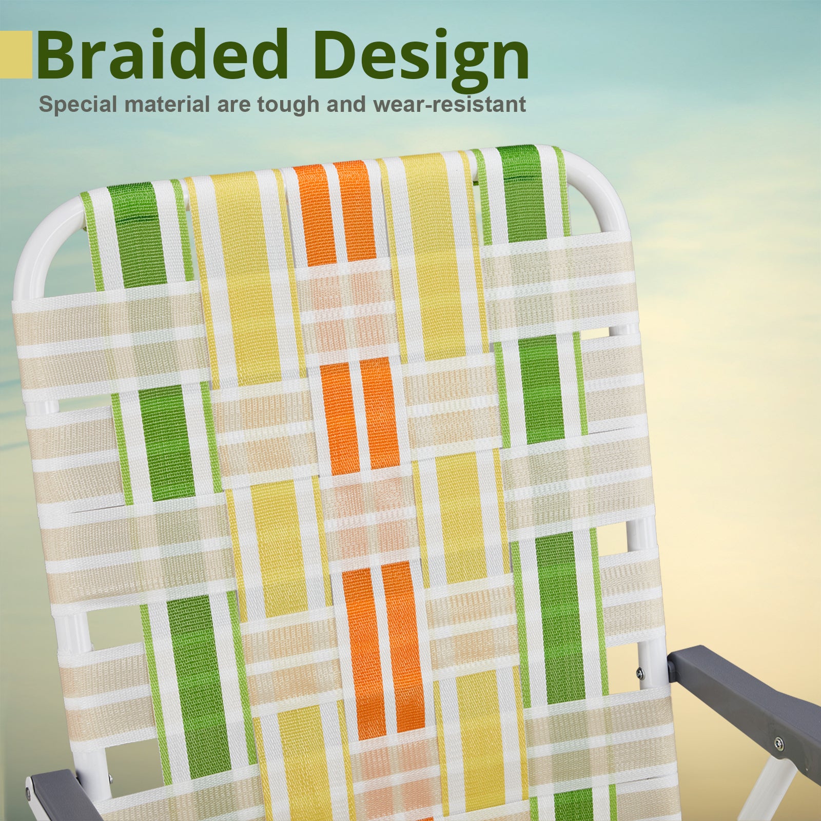 Haoyye Set of 2 Webbed Folding Beach Chairs, Portable and Lightweight Outdoor Lawn Chairs for Camping, Fishing, BBQ, and Poolside, Durable Yellow and Green Design for Comfortable Relaxation