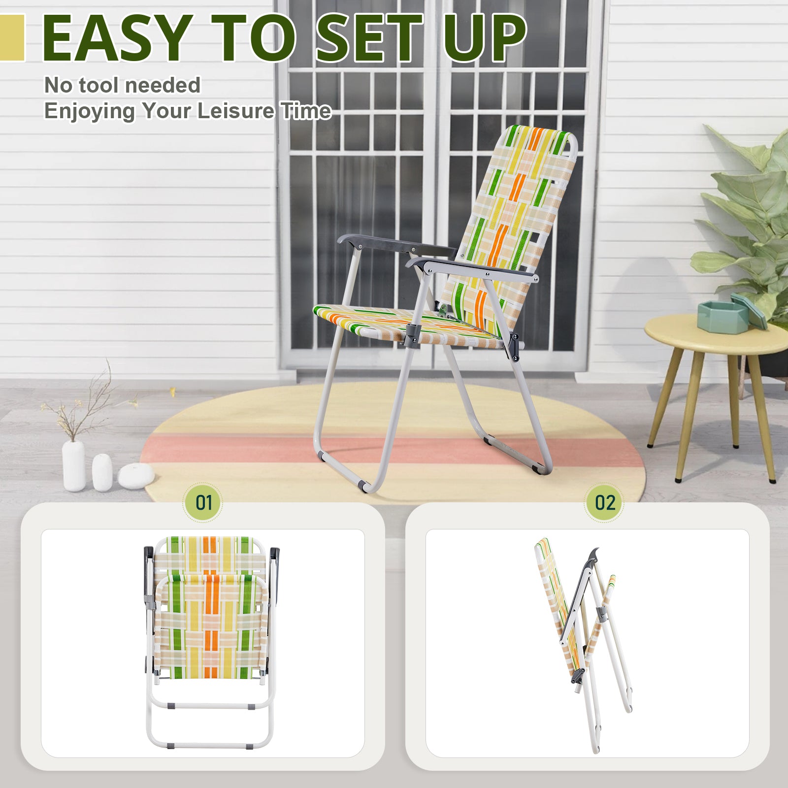 Haoyye Set of 2 Webbed Folding Beach Chairs, Portable and Lightweight Outdoor Lawn Chairs for Camping, Fishing, BBQ, and Poolside, Durable Yellow and Green Design for Comfortable Relaxation