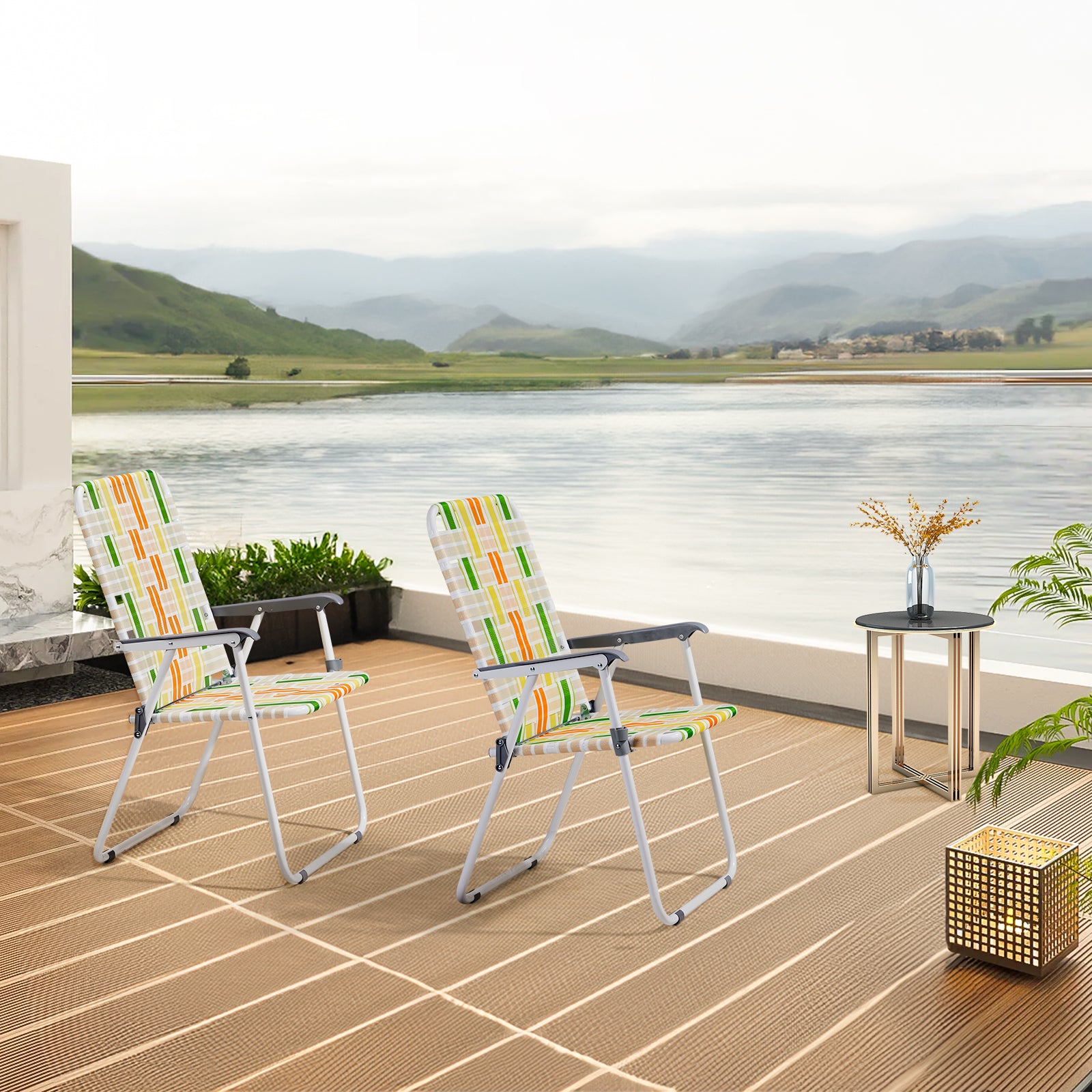 Haoyye Set of 2 Webbed Folding Beach Chairs, Portable and Lightweight Outdoor Lawn Chairs for Camping, Fishing, BBQ, and Poolside, Durable Yellow and Green Design for Comfortable Relaxation