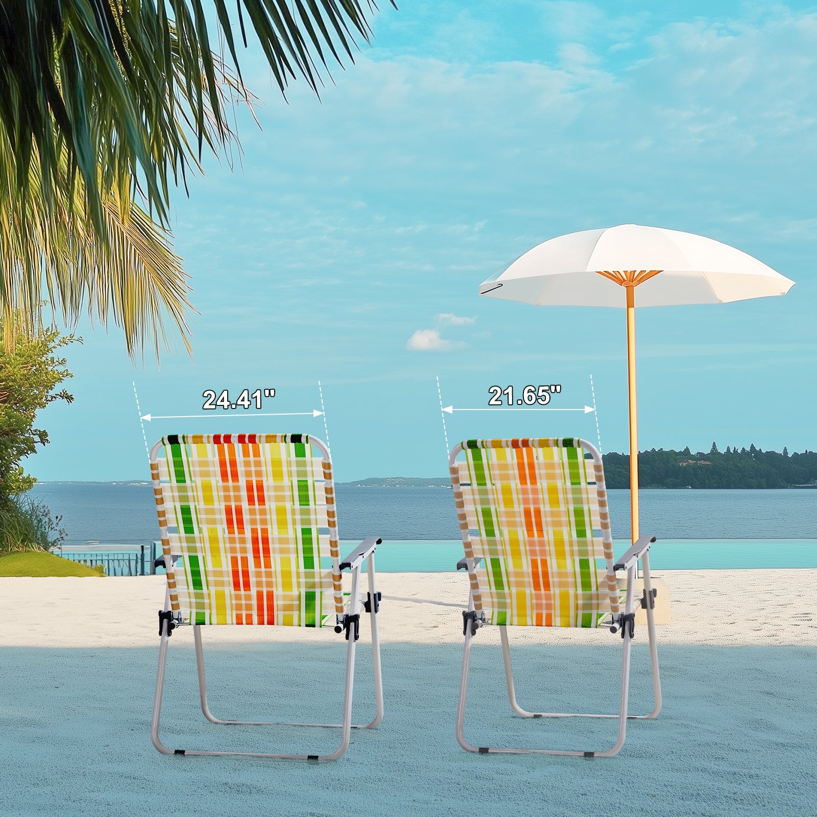 Haoyye Set of 2 Webbed Folding Beach Chairs, Portable and Lightweight Outdoor Lawn Chairs for Camping, Fishing, BBQ, and Poolside, Durable Yellow and Green Design for Comfortable Relaxation