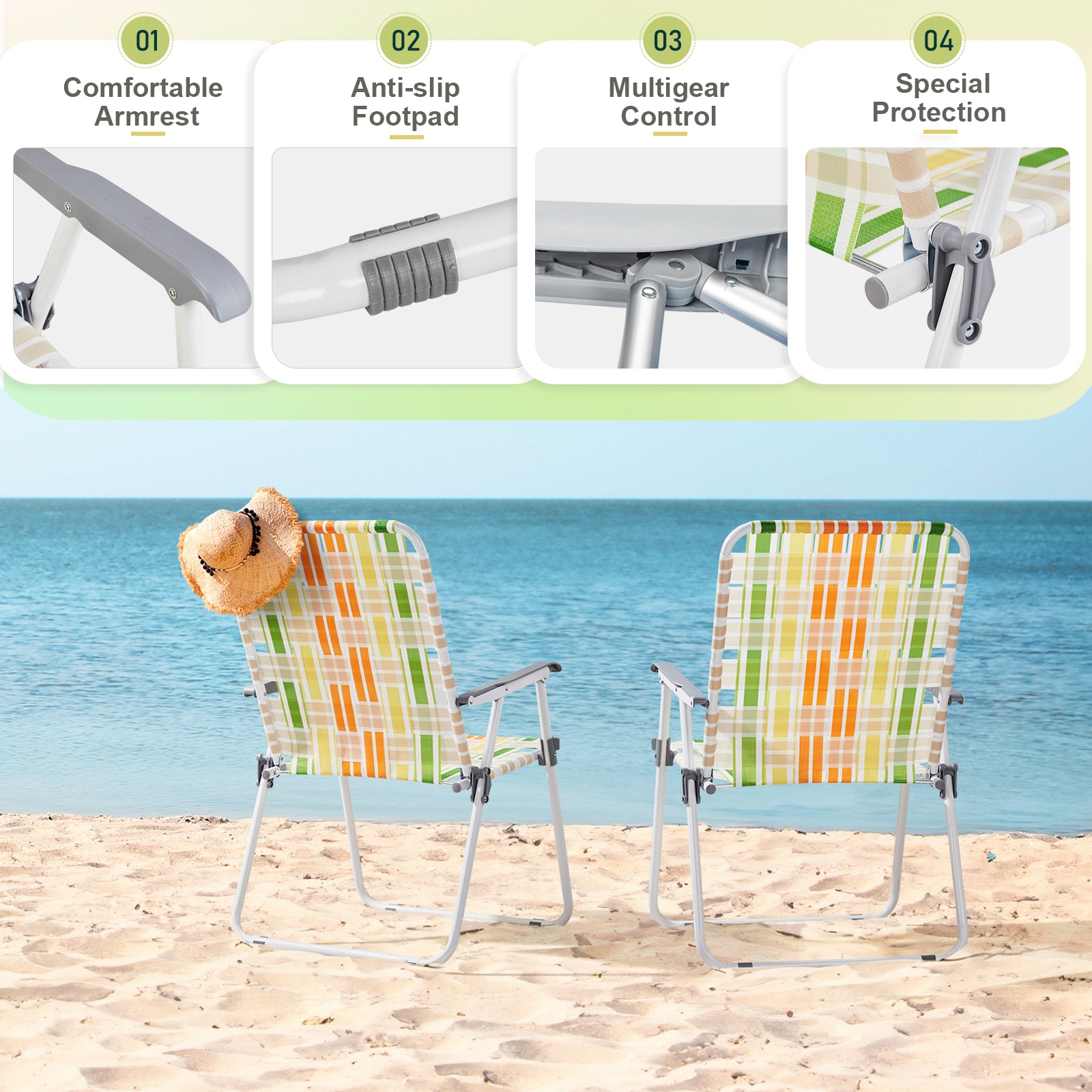 Haoyye Set of 2 Webbed Folding Beach Chairs, Durable and Lightweight Outdoor Lawn Chairs for Camping, Fishing, Poolside, and BBQs, Vibrant Yellow and Green Design for Comfortable Relaxation