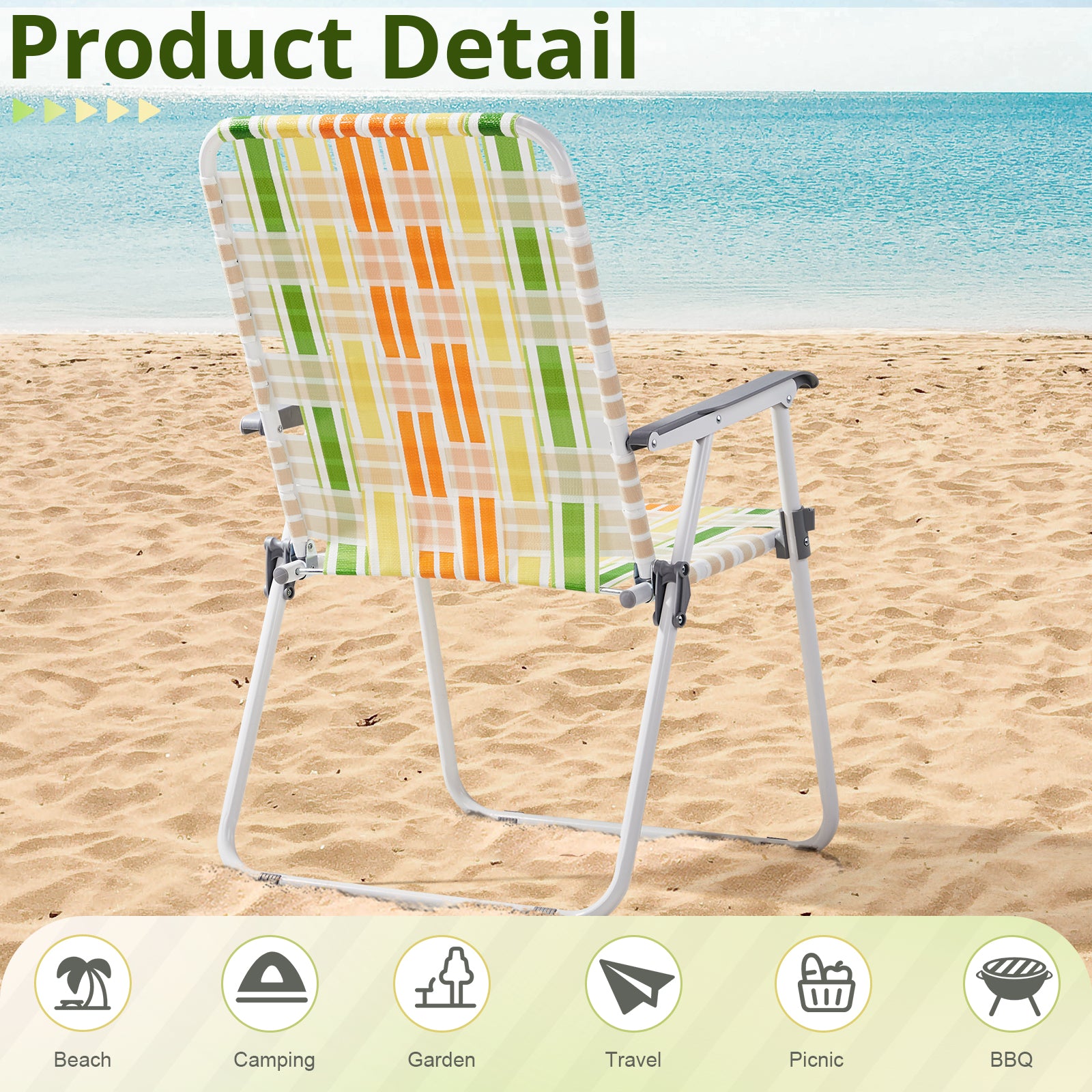 Haoyye Set of 2 Webbed Folding Beach Chairs, Durable and Lightweight Outdoor Lawn Chairs for Camping, Fishing, Poolside, and BBQs, Vibrant Yellow and Green Design for Comfortable Relaxation