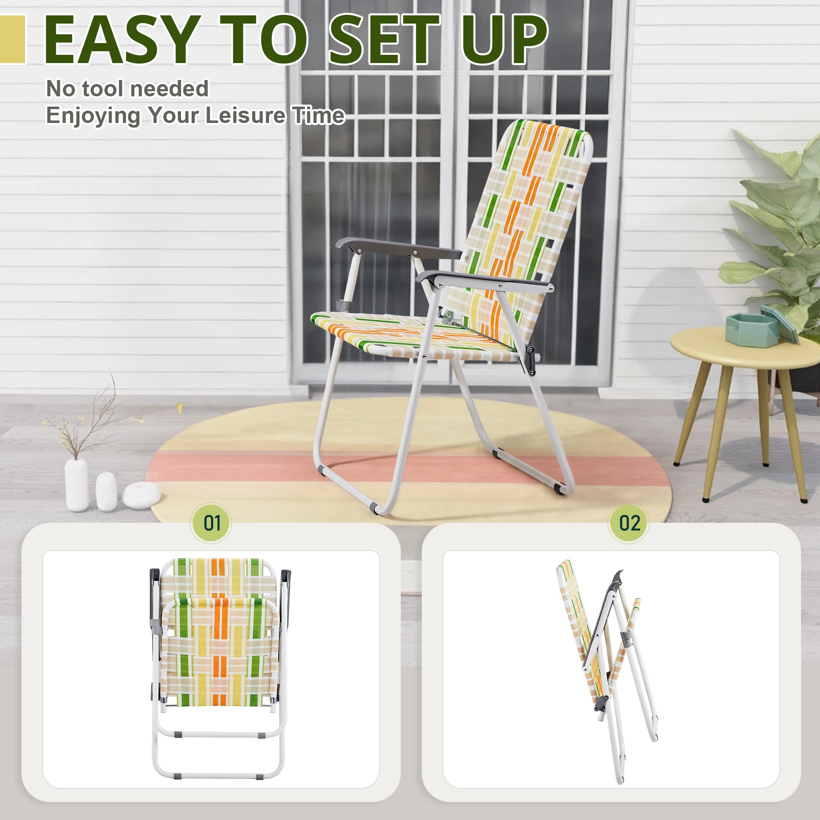 Haoyye Set of 2 Webbed Folding Beach Chairs, Durable and Lightweight Outdoor Lawn Chairs for Camping, Fishing, Poolside, and BBQs, Vibrant Yellow and Green Design for Comfortable Relaxation