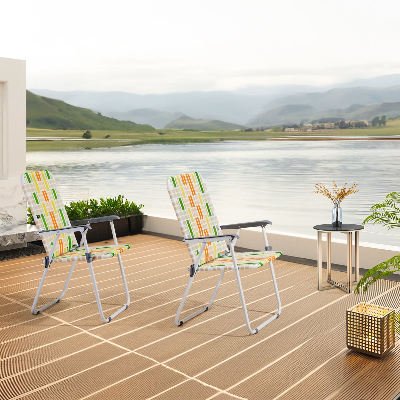 Haoyye Set of 2 Webbed Folding Beach Chairs, Durable and Lightweight Outdoor Lawn Chairs for Camping, Fishing, Poolside, and BBQs, Vibrant Yellow and Green Design for Comfortable Relaxation