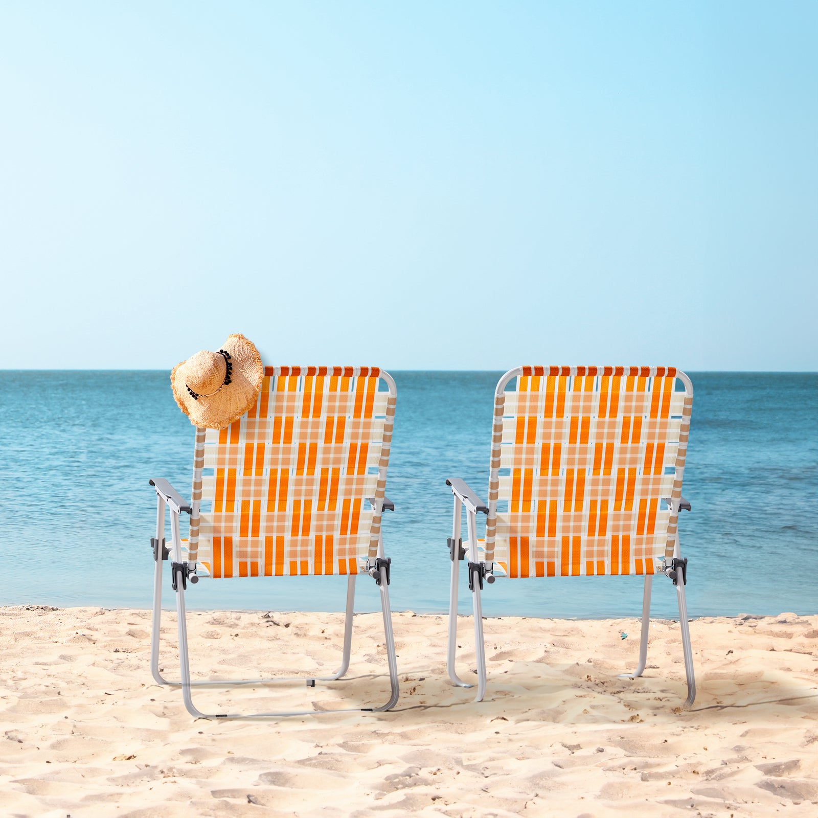 Haoyye Set of 2 Webbed Folding Beach Chairs, Durable and Lightweight Outdoor Lawn Chairs for Camping, Fishing, Poolside, and BBQs, Vibrant Orange And White Design for Comfortable Relaxation