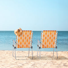Haoyye Set of 2 Webbed Folding Beach Chairs, Durable and Lightweight Outdoor Lawn Chairs for Camping, Fishing, Poolside, and BBQs, Vibrant Orange And White Design for Comfortable Relaxation