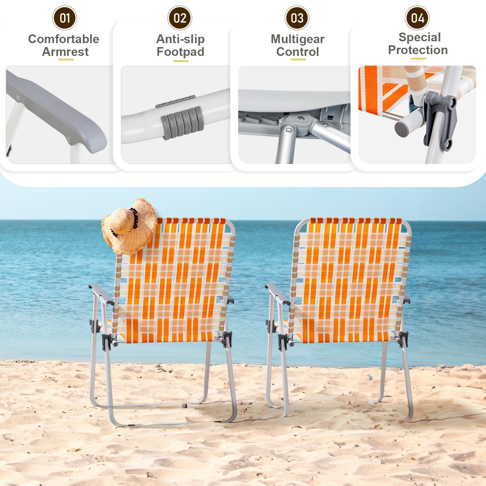 Haoyye Set of 2 Webbed Folding Beach Chairs, Durable and Lightweight Outdoor Lawn Chairs for Camping, Fishing, Poolside, and BBQs, Vibrant Orange And White Design for Comfortable Relaxation