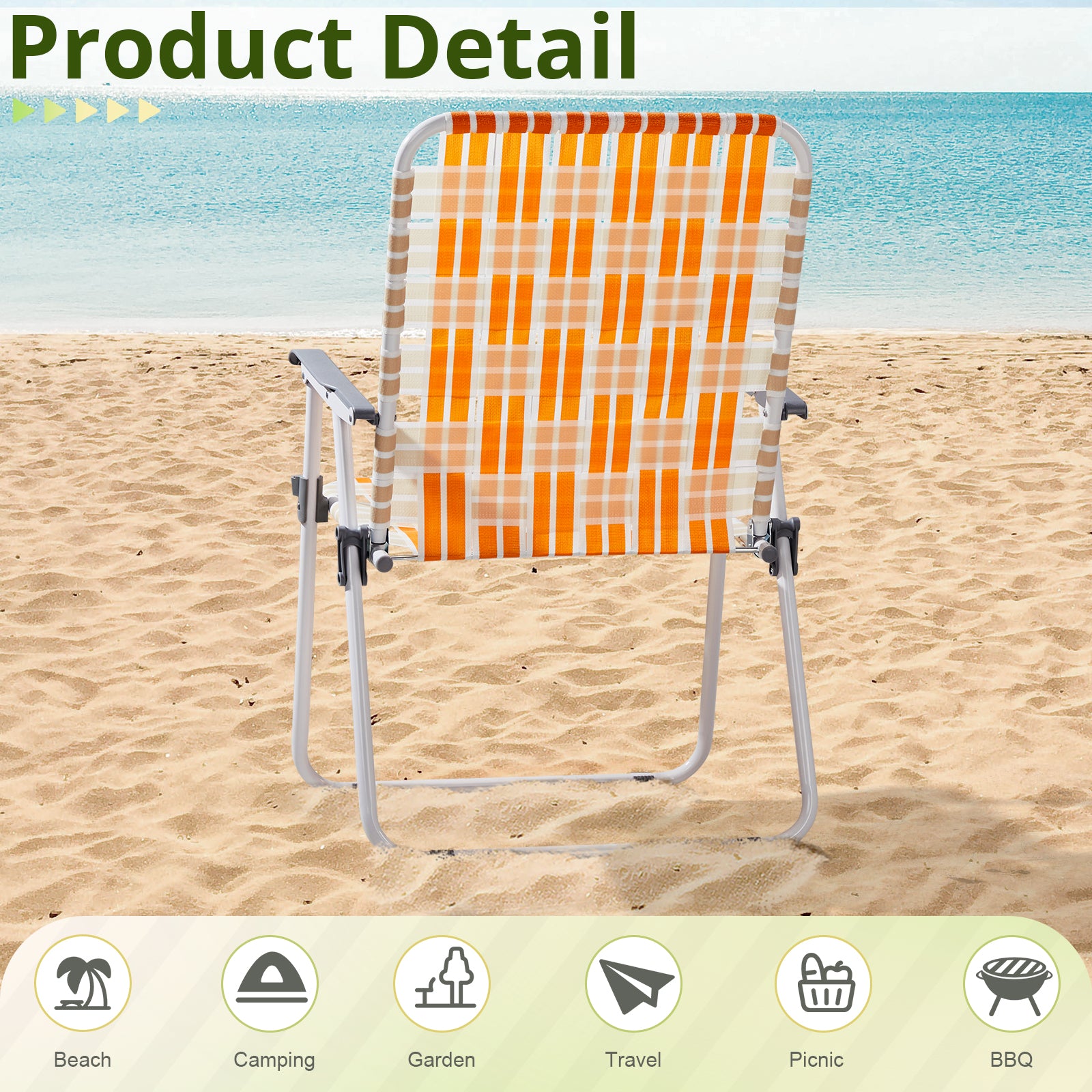 Haoyye Set of 2 Webbed Folding Beach Chairs, Durable and Lightweight Outdoor Lawn Chairs for Camping, Fishing, Poolside, and BBQs, Vibrant Orange And White Design for Comfortable Relaxation