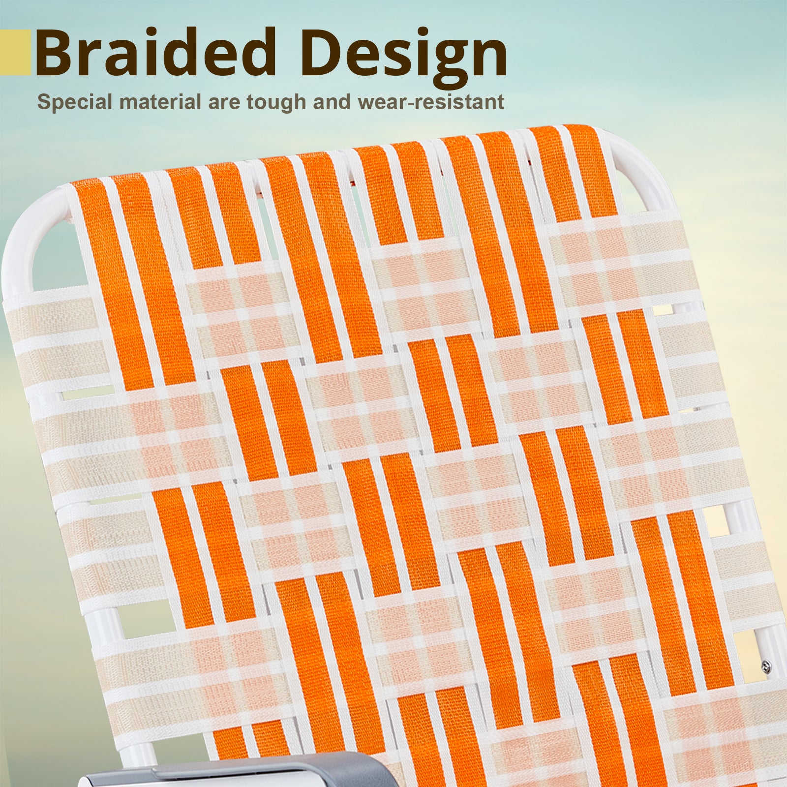 Haoyye Set of 2 Webbed Folding Beach Chairs, Durable and Lightweight Outdoor Lawn Chairs for Camping, Fishing, Poolside, and BBQs, Vibrant Orange And White Design for Comfortable Relaxation