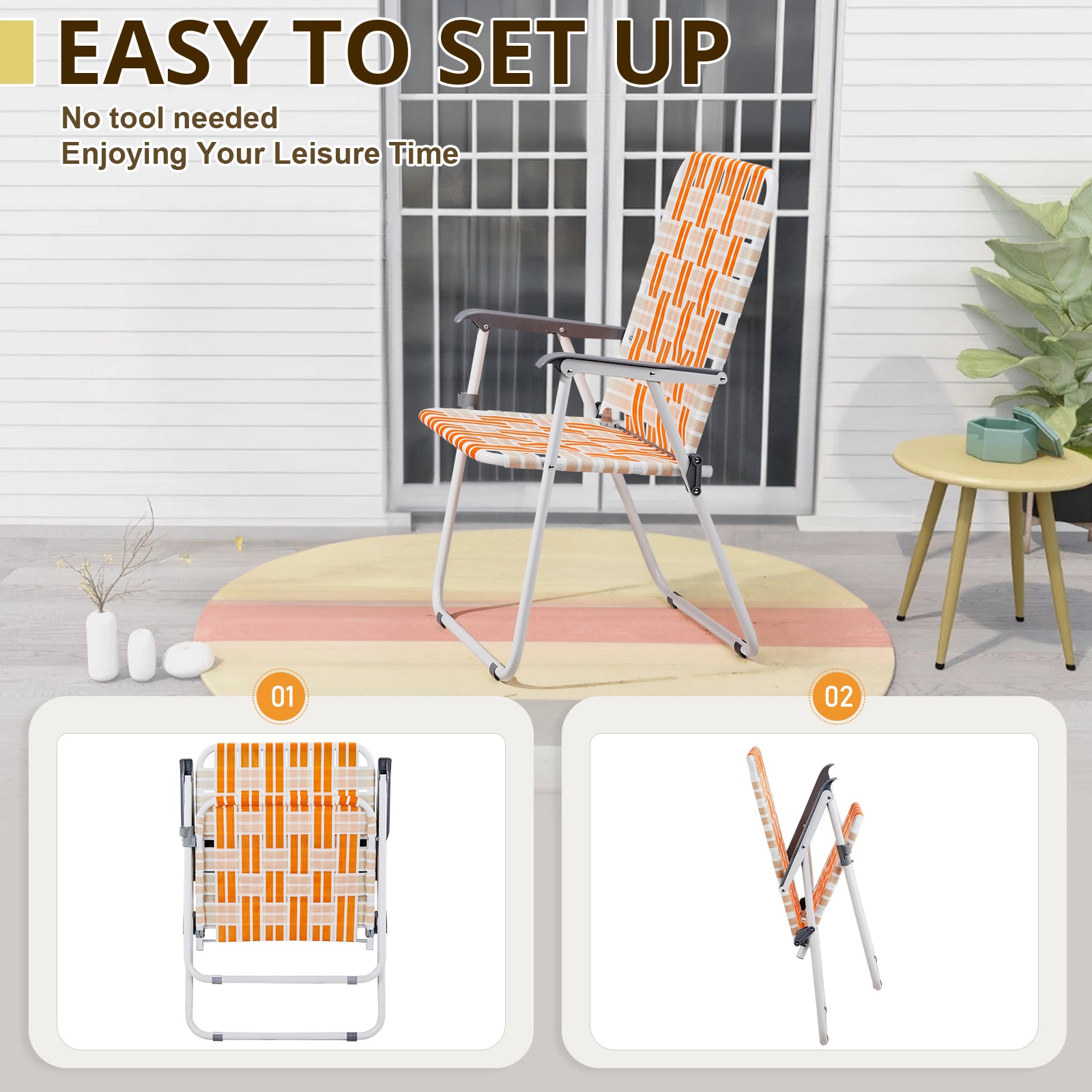 Haoyye Set of 2 Webbed Folding Beach Chairs, Durable and Lightweight Outdoor Lawn Chairs for Camping, Fishing, Poolside, and BBQs, Vibrant Orange And White Design for Comfortable Relaxation