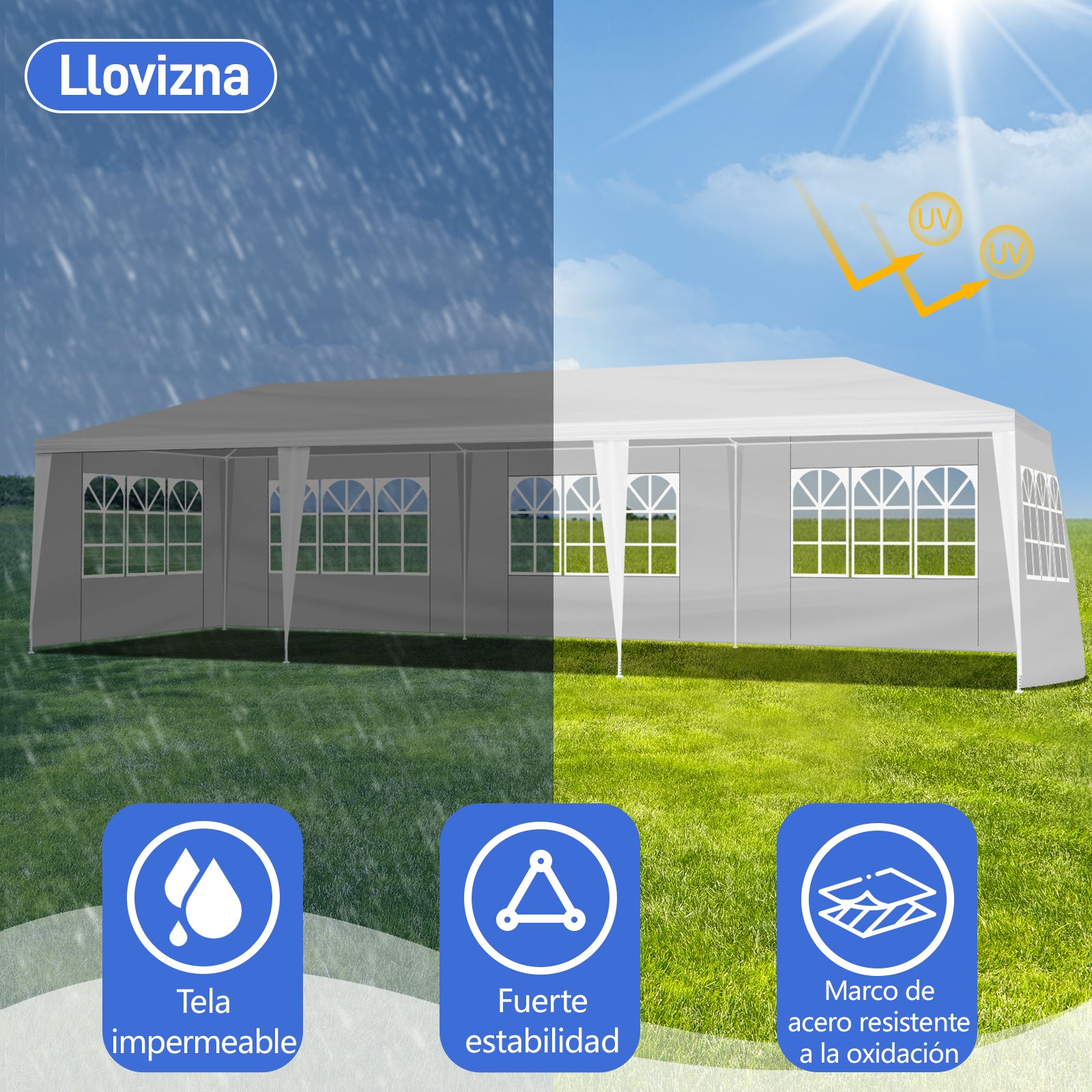 HAOYYE 3x9m Outdoor Party Tent Waterproof PE Pergola with 5 Removable Window Sidewalls Spiral Tube Iron Frame for Wedding Events Camping Backyard