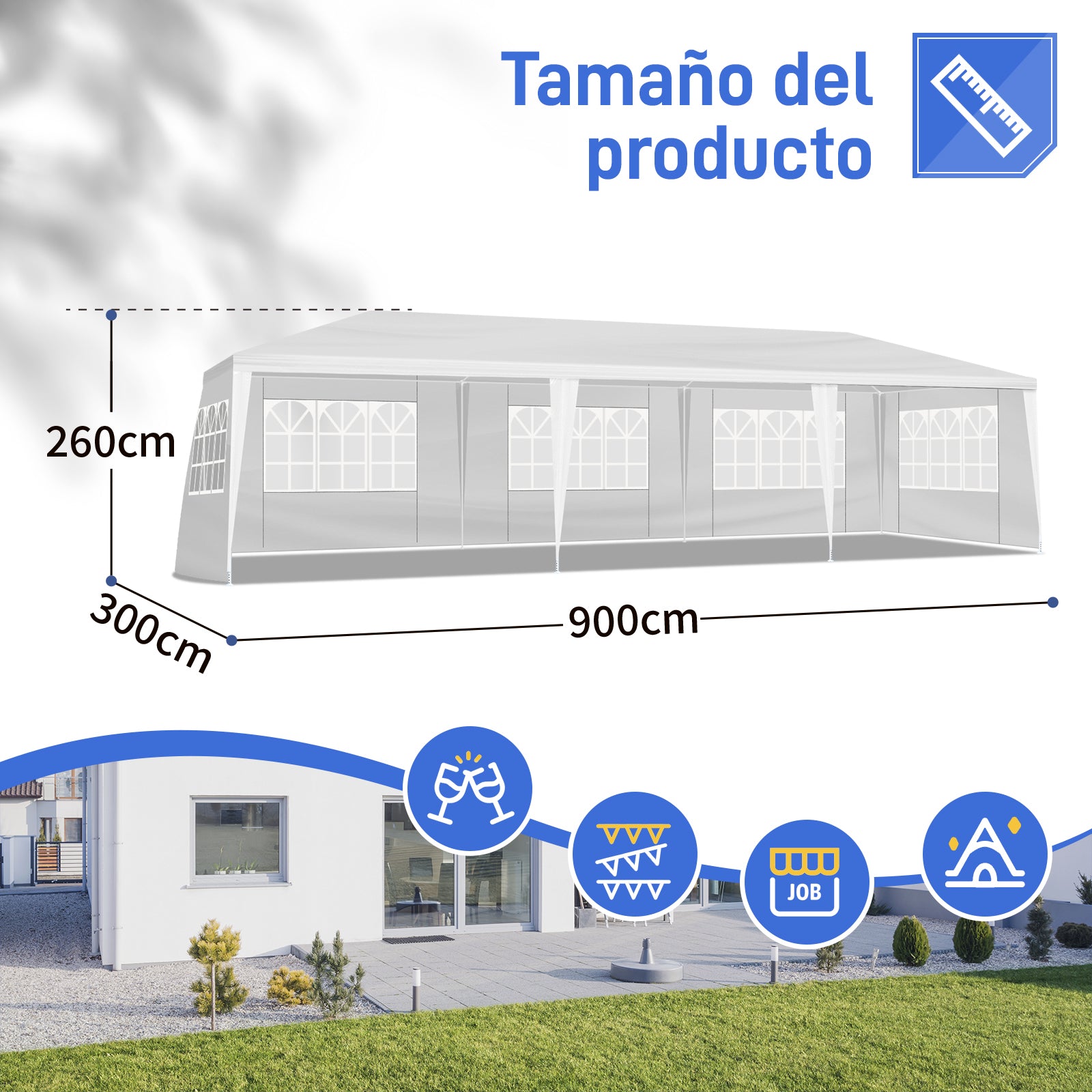 HAOYYE 3x9m Outdoor Party Tent Waterproof PE Pergola with 5 Removable Window Sidewalls Spiral Tube Iron Frame for Wedding Events Camping Backyard