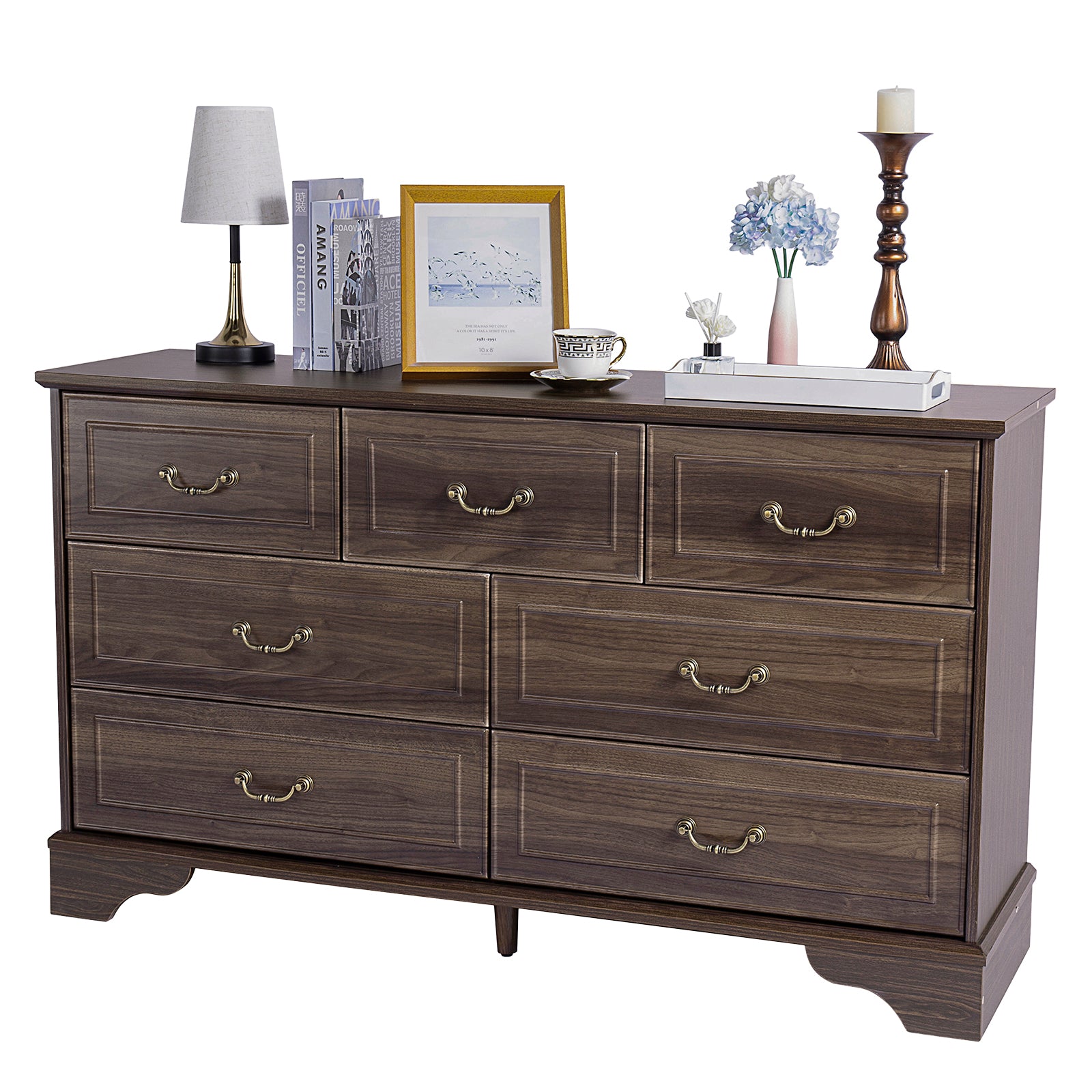 HAOYYE Brown 7 Drawer Double Dresser with Wide Storage Drawers for Bedroom Living Room Entryway Organization