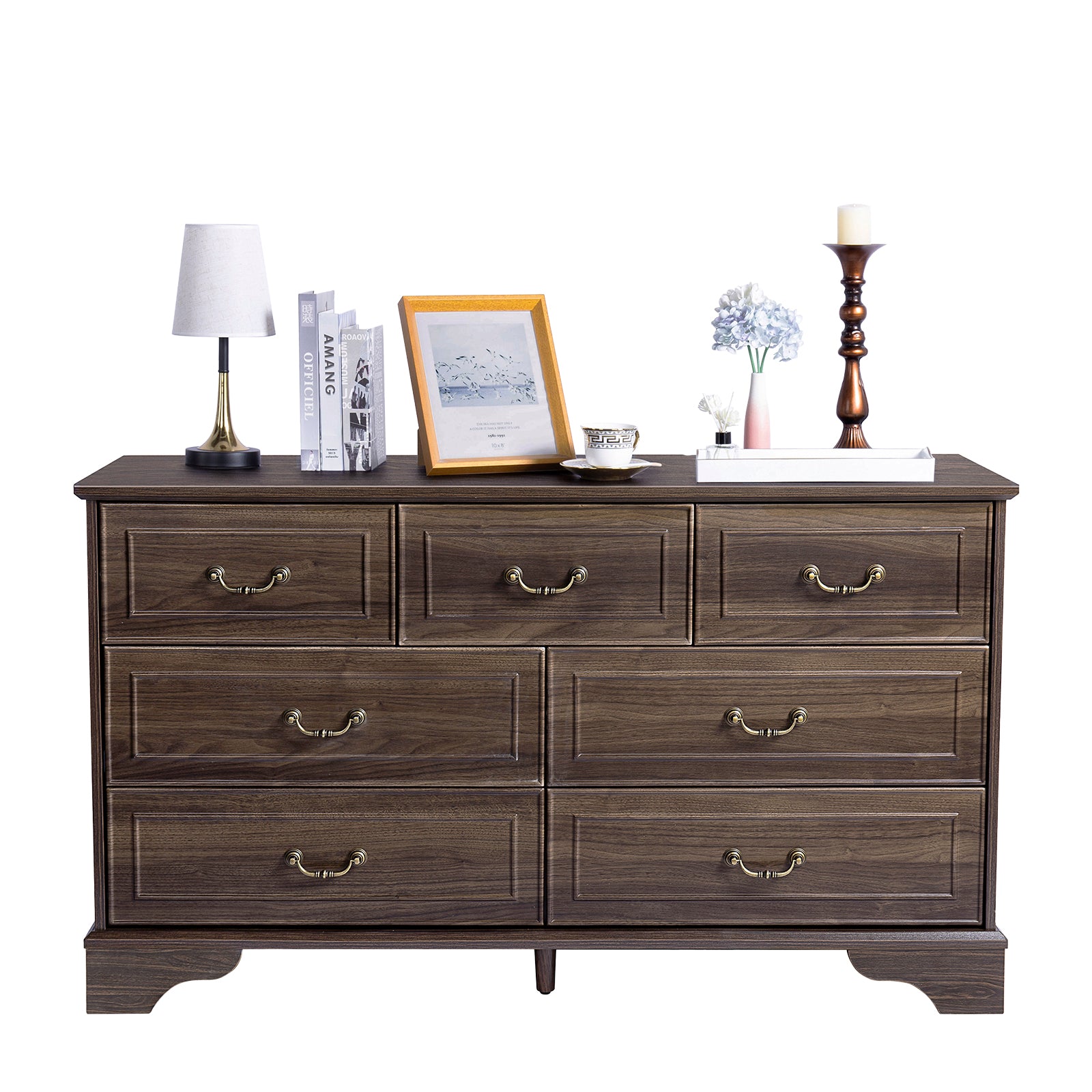 HAOYYE Brown 7 Drawer Double Dresser with Wide Storage Drawers for Bedroom Living Room Entryway Organization