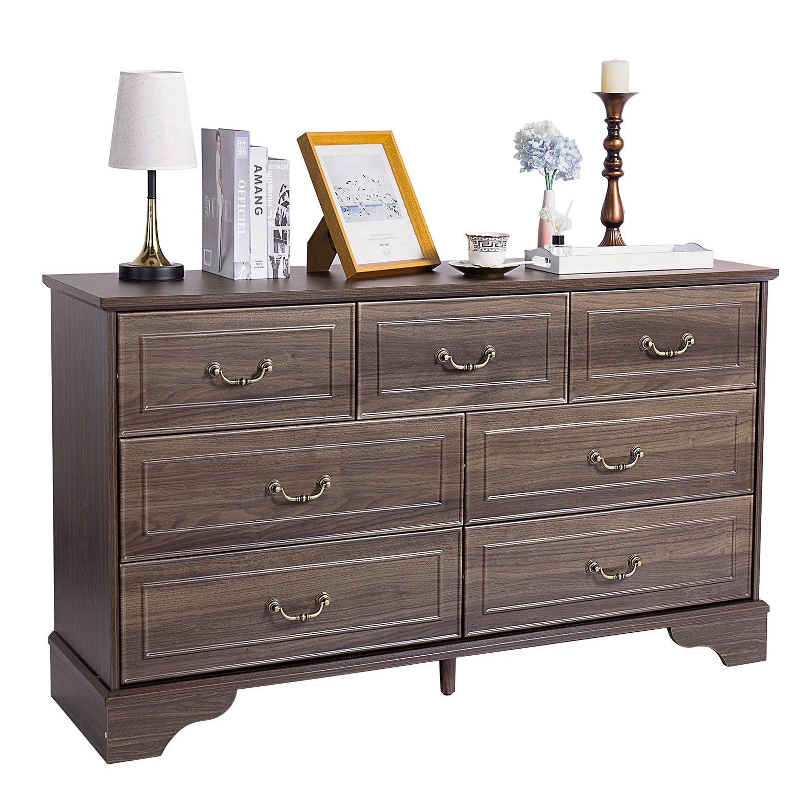 HAOYYE Brown 7 Drawer Double Dresser with Wide Storage Drawers for Bedroom Living Room Entryway Organization